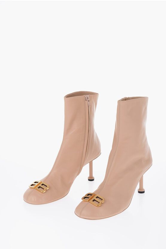 image of Balenciaga Leather Groupie Booties With Logo Statement in Beige, Women's (Size 9)