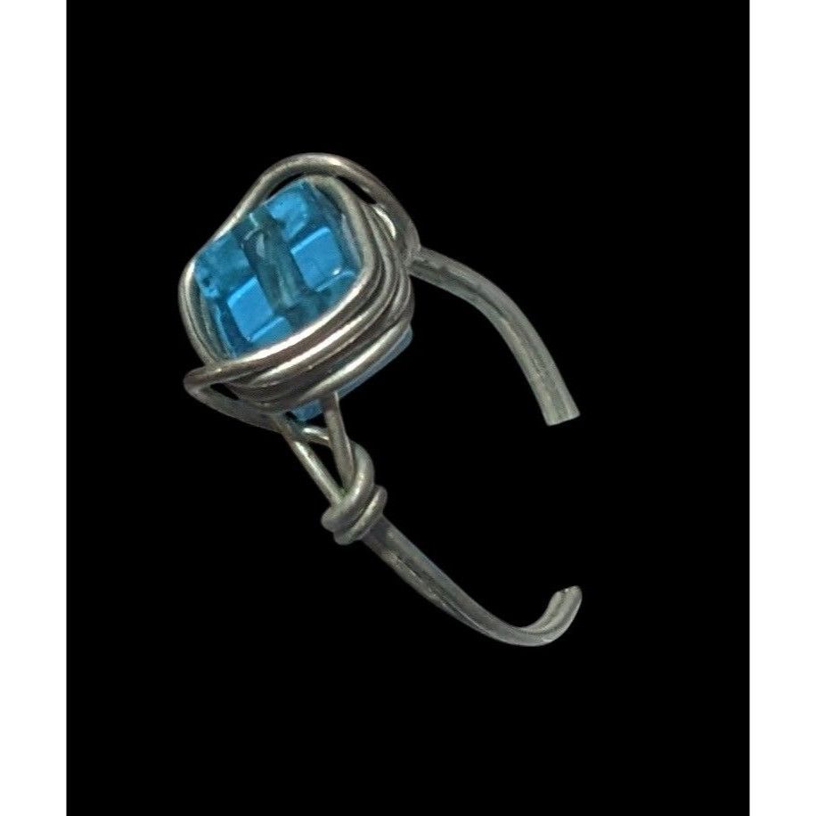 Other Blue And Silver Tone Wire Wrapped Handmade Glass Beaded Ring Size ONE SIZE - 3 Thumbnail