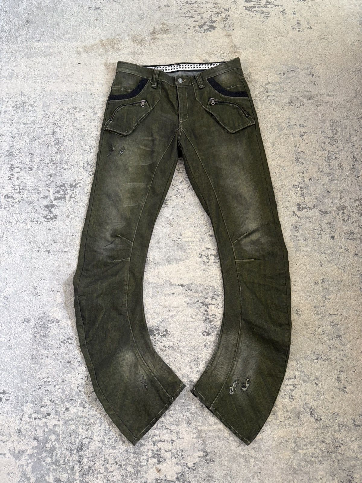 PPFM Military Green Curved Leg Bootcut Denim Size US 35 - 1 Thumbnail