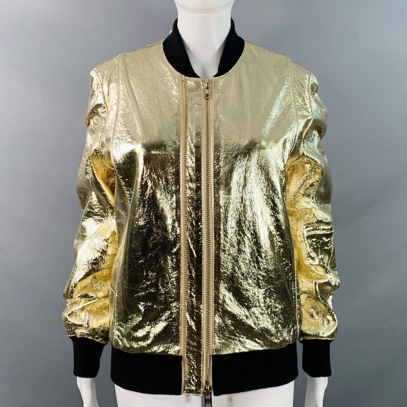 M Larsona Metallic Gold Goat Leather Zip Up Bomber Jacket