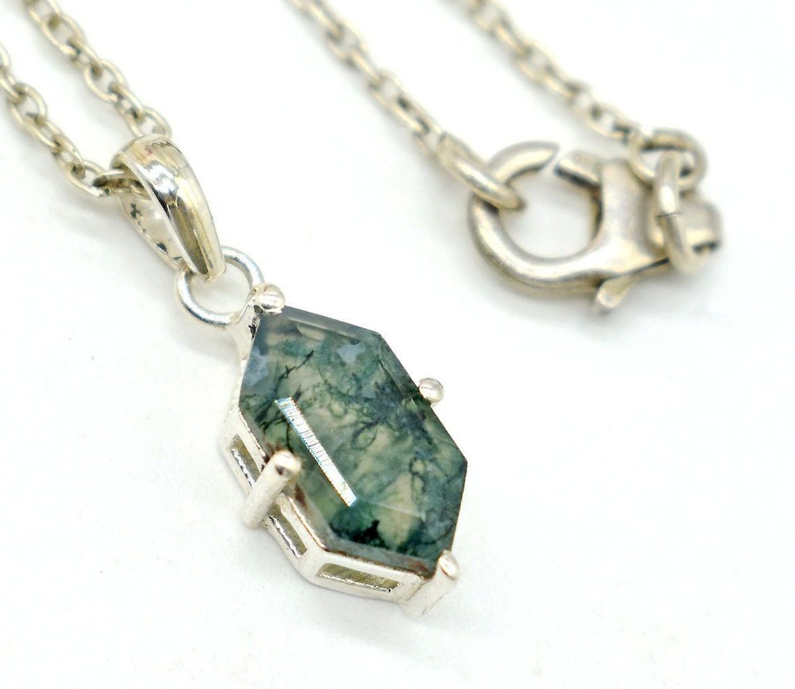Handmade Sterling Silver Moss Agate Gemstone Necklace - 18 Inch Size ONE SIZE - 6 Thumbnail