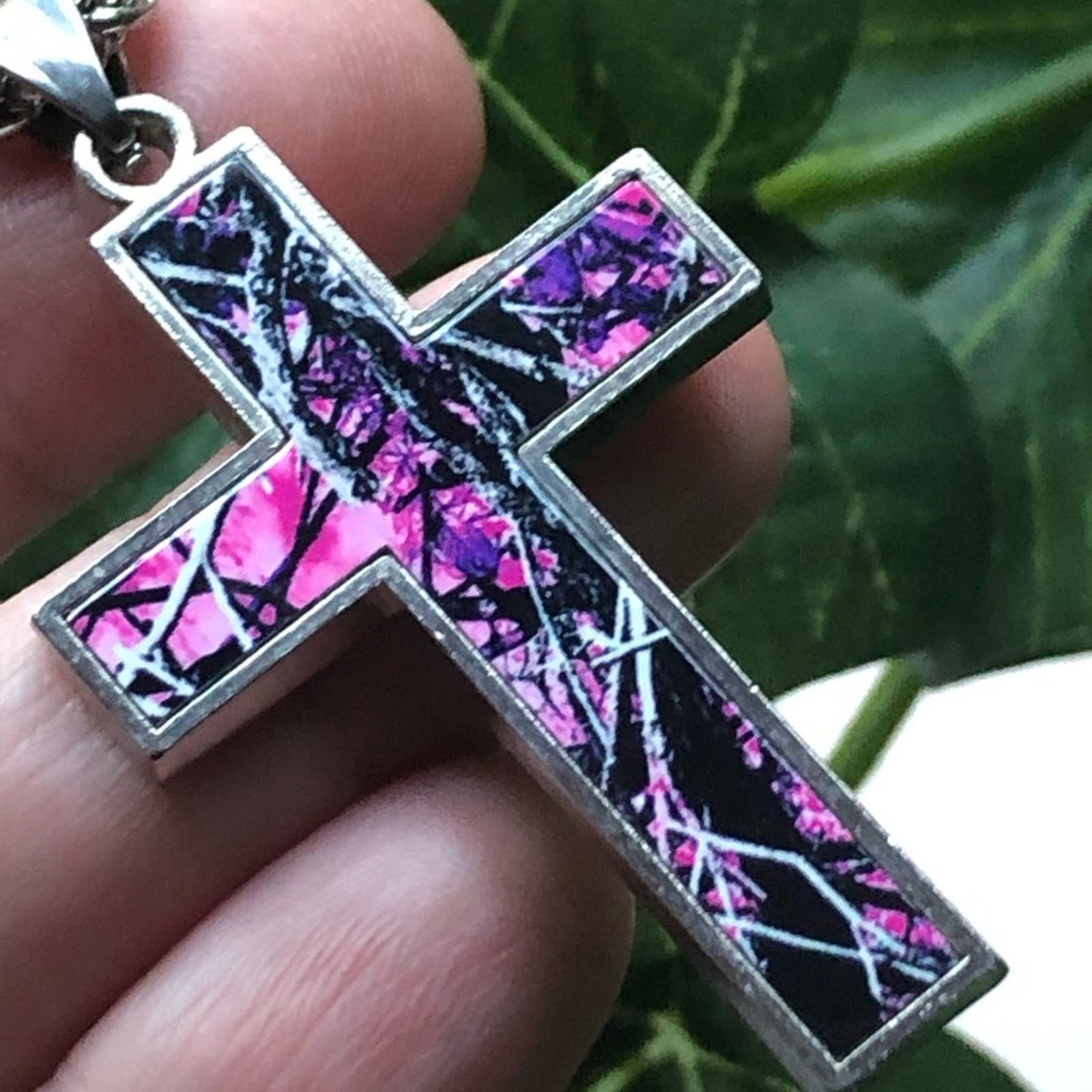 Jewelry Purple botanical print cross on chain necklace Size ONE SIZE - 2 Thumbnail