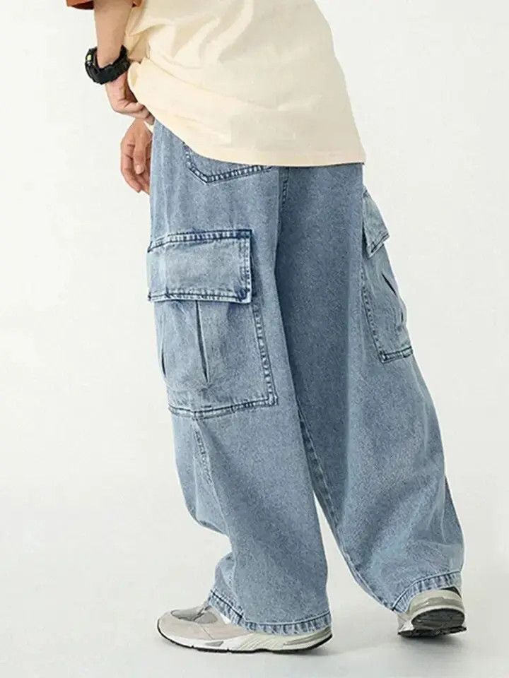 image of Vintage Baggy Cargo Jeans Trousers Wide Leg Hip Hop Style Y2K in Blue, Men's (Size 36)