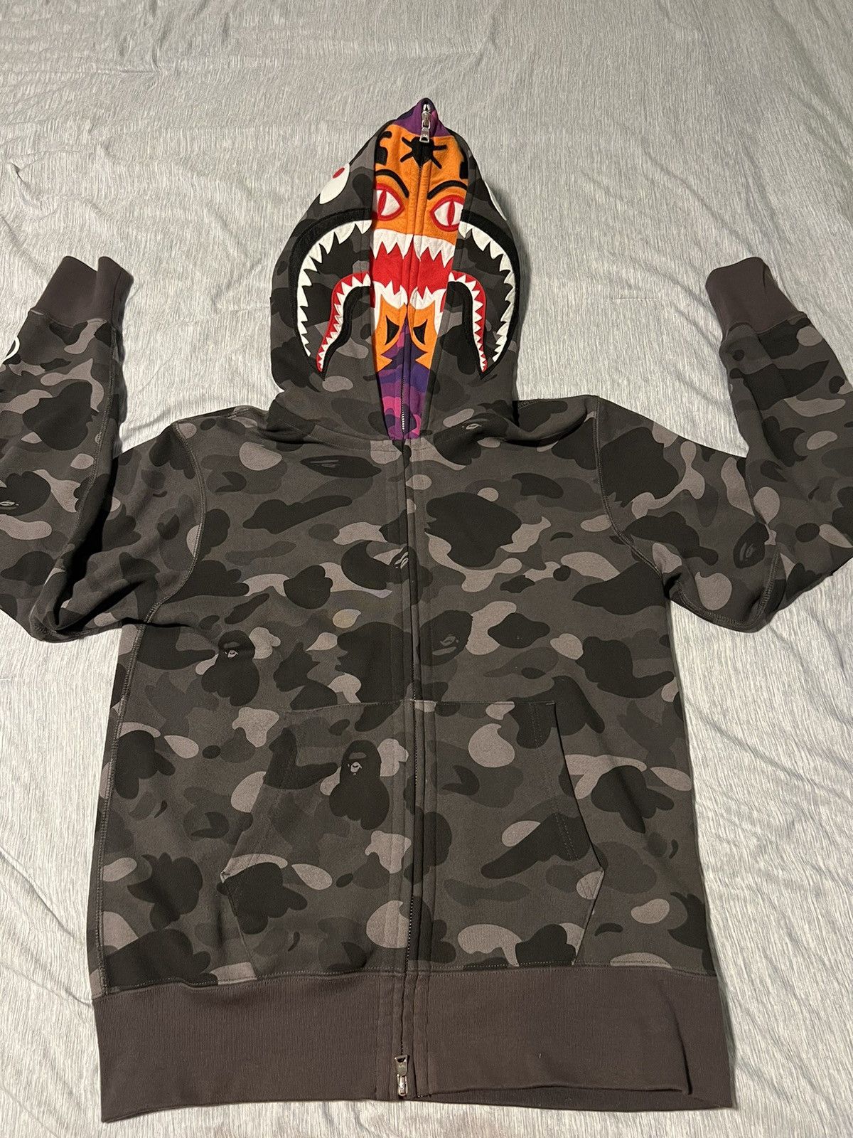 Bape Color Camo Tiger Shark Wide Full Zip Double Hoodie | Grailed