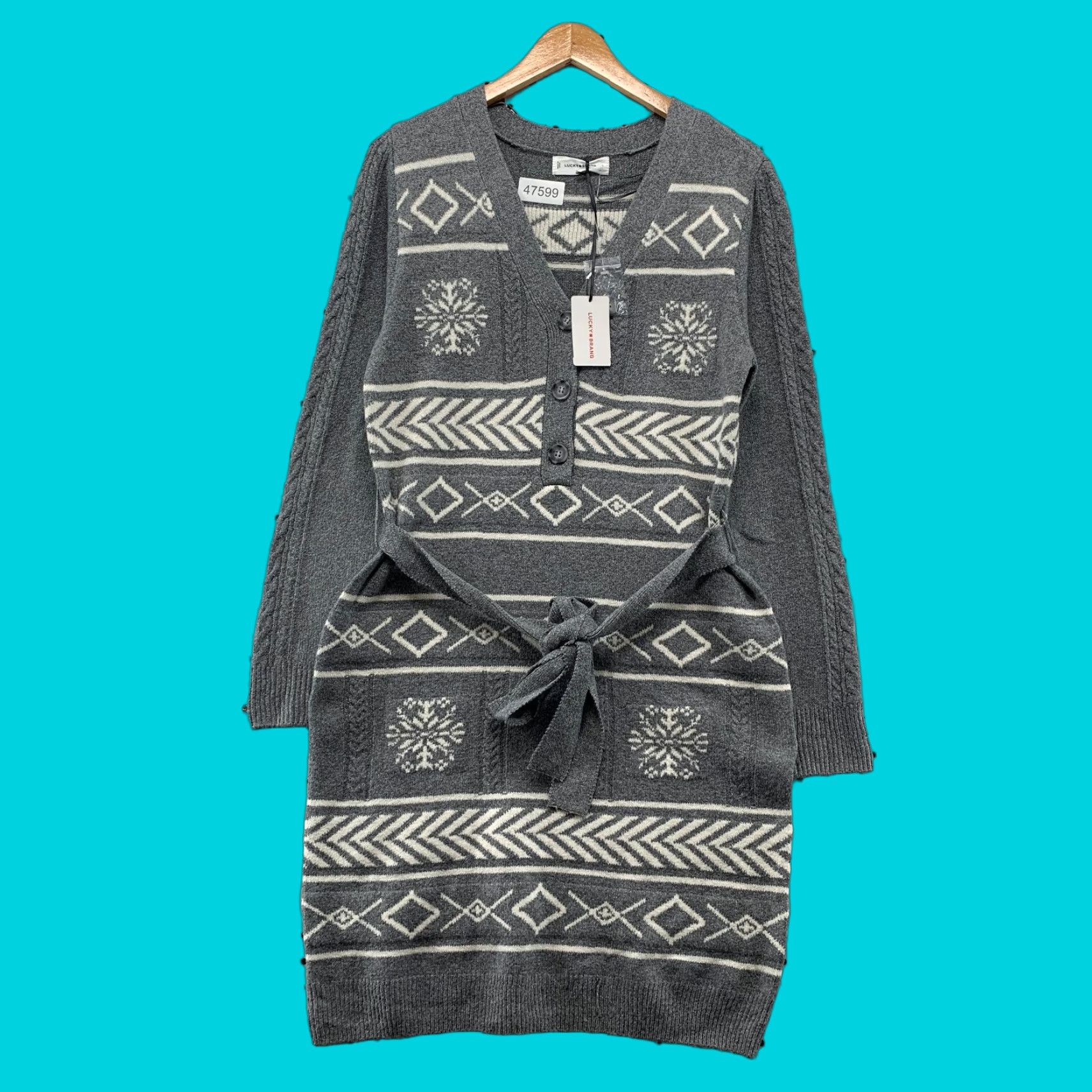 Lucky Brand Lucky Brand Sweater Dress Women's L Gray Knit Belted Nordic Fair Isle NWT Size L / US 10 / IT 46 - 1 Thumbnail
