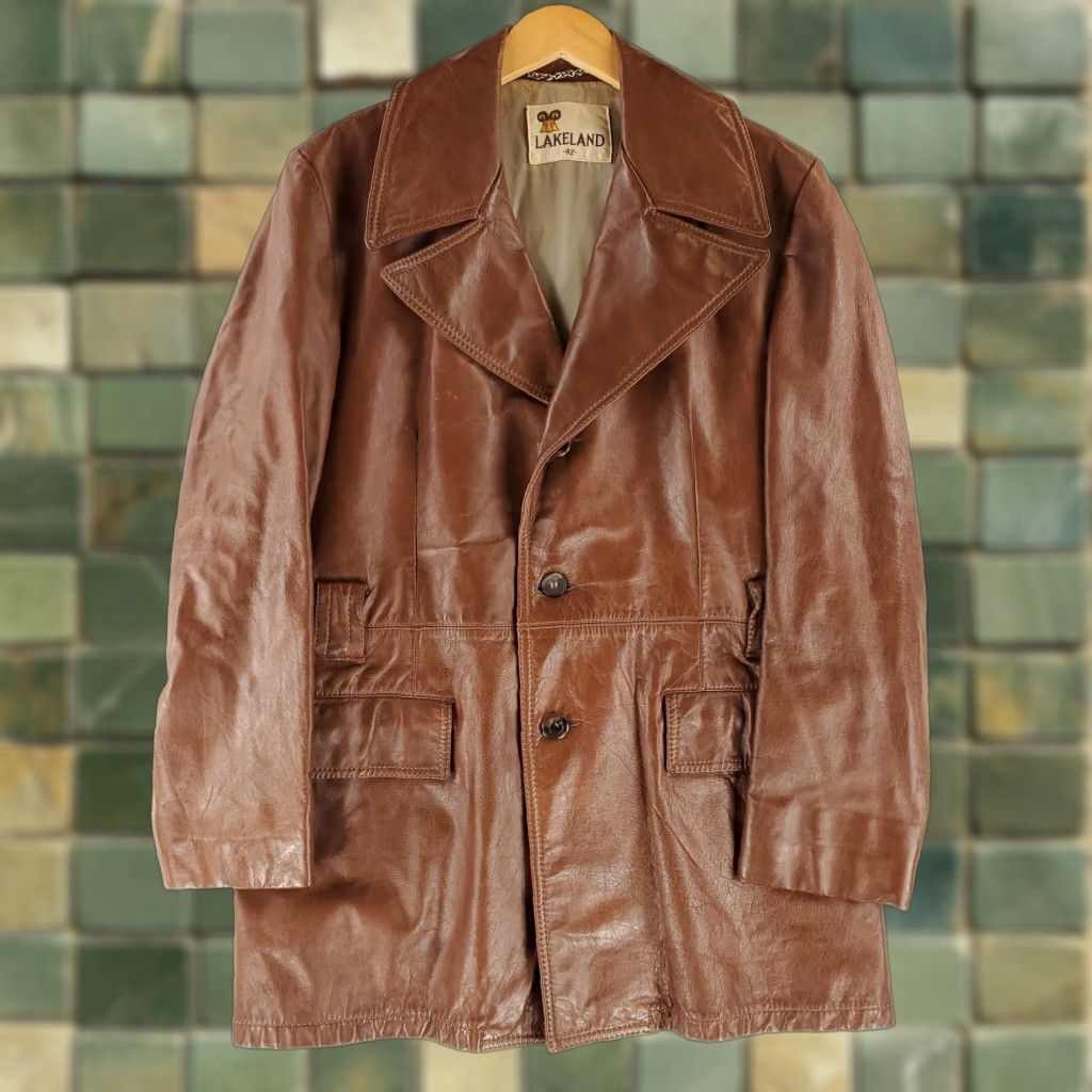 Vintage VINTAGE Lakeland Leather Jacket Car Coat Brown Big Collar Mens 42 Overcoat 70s Disco Mens 42 Brown Size US XS / EU 42 / 0 - 1 Thumbnail