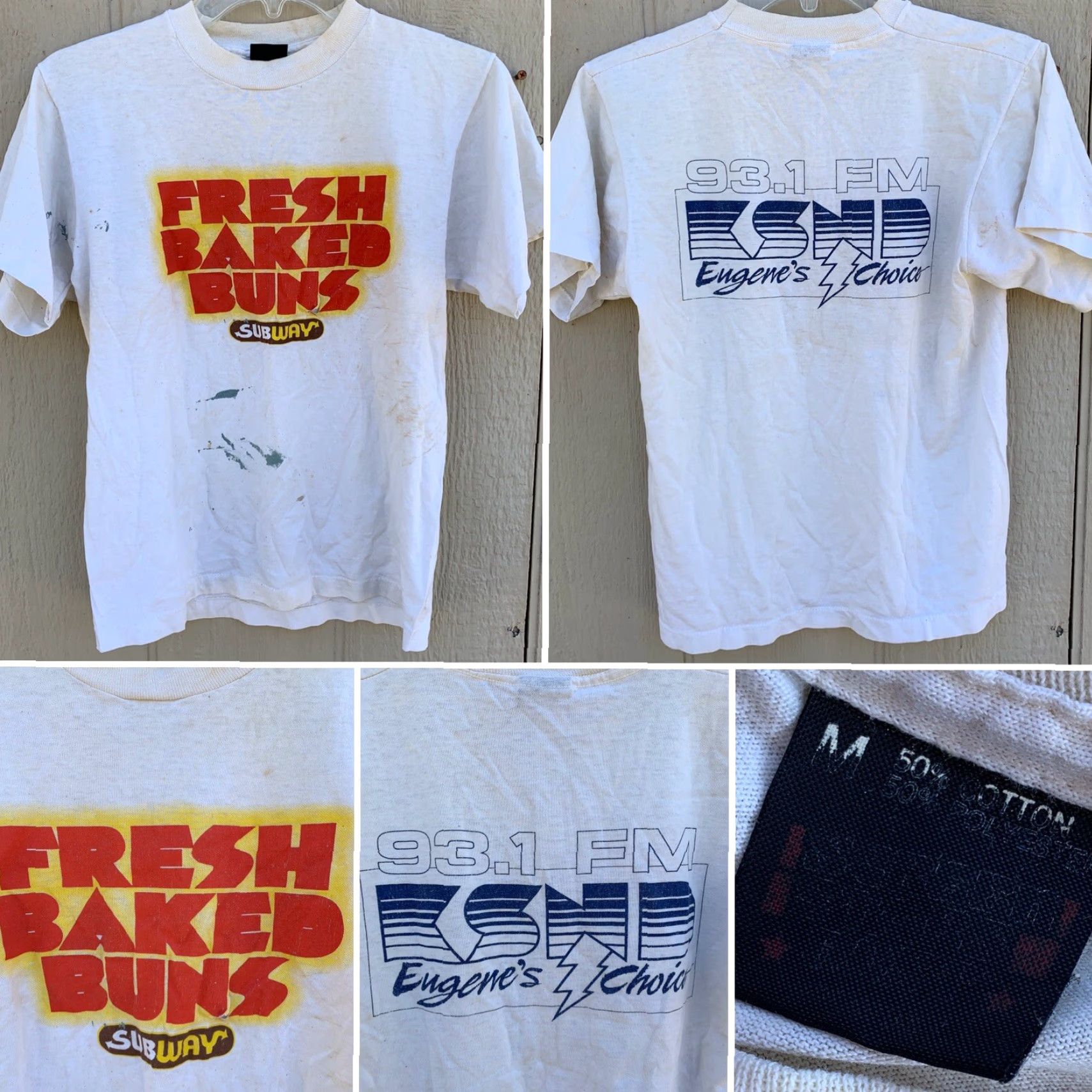 Vintage VINTAGE FRESH BAKED BUNS Subway 93.1 FM KSND Eugene’s Choice T Shirt M White Mens Graphic Tee 1990s Screen Stars Best Shirt Size US M / EU 48-50 / 2 - 2 Thumbnail