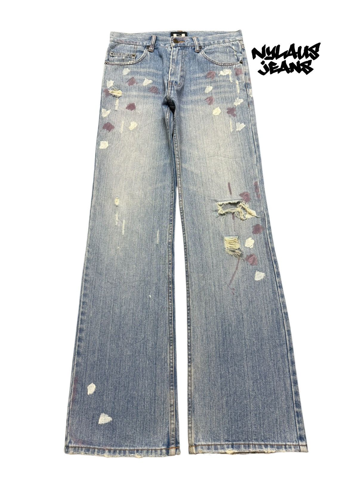 14th Addiction Vintage 90s Japanese Nylaus Blue Faded Wash Painted Wide Leg Size US 31 - 1 Thumbnail
