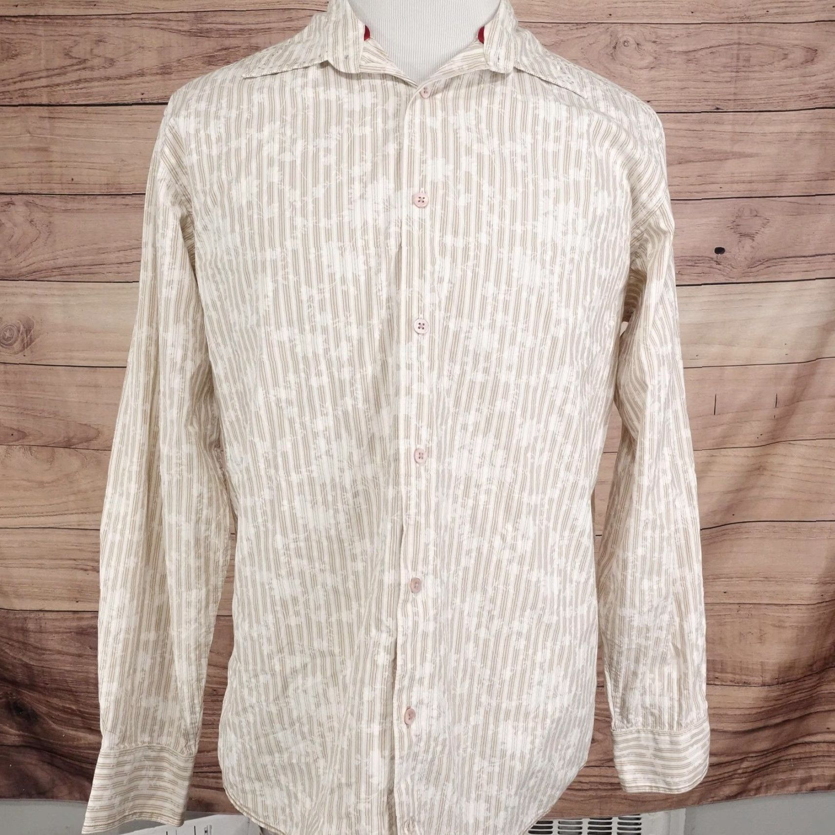 BUGATCHI Bugatchi Uomo Button-Up Shirt Mens L Beige Striped Cotton Long Sleeve Casual Size US L / EU 52-54 / 3 - 3 Thumbnail