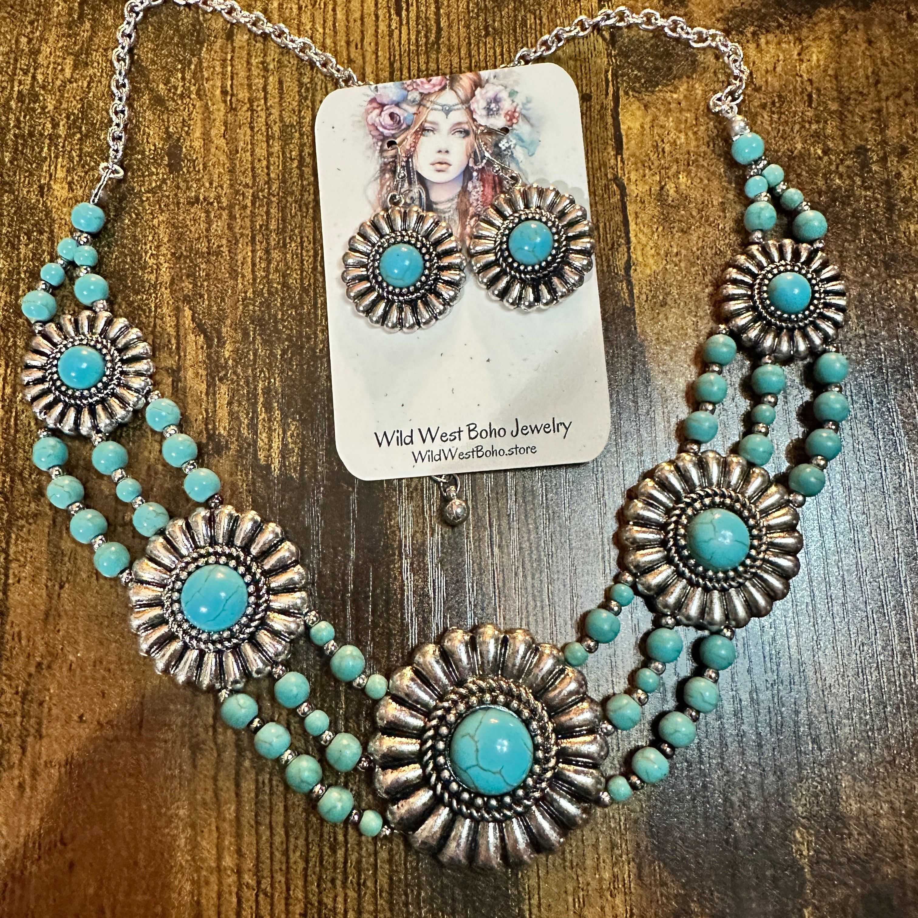 Other Turquoise Flower Concho Beaded Necklace and Earrings Set Size ONE SIZE - 7 Thumbnail