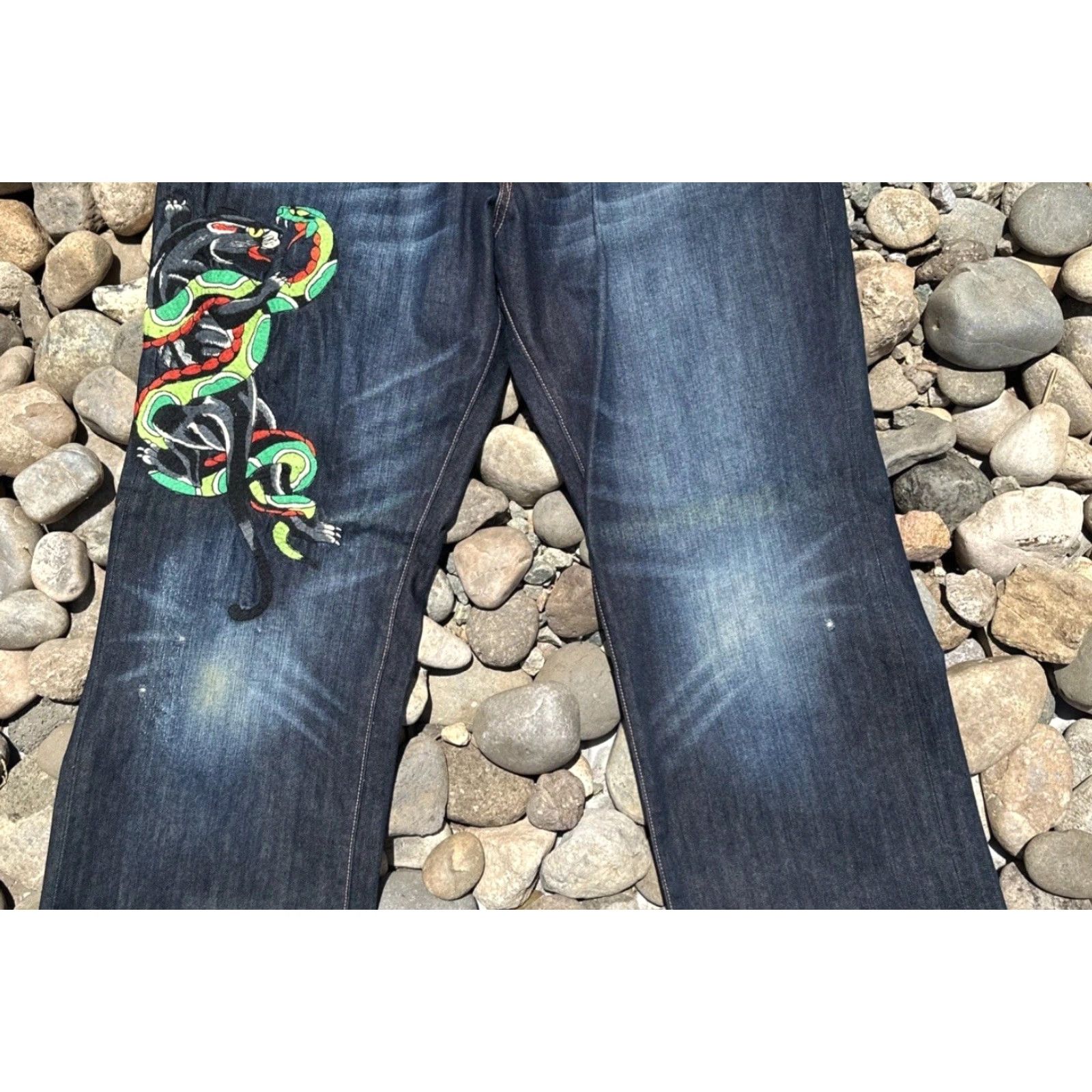 Ed Hardy VINTAGE Ed Hardy Denim Blue Jeans Mens 40x34 Embroidered Snake Tiger Tattoo Art Hipster Straight 2007 Size US 40 / EU 56 - 3 Thumbnail