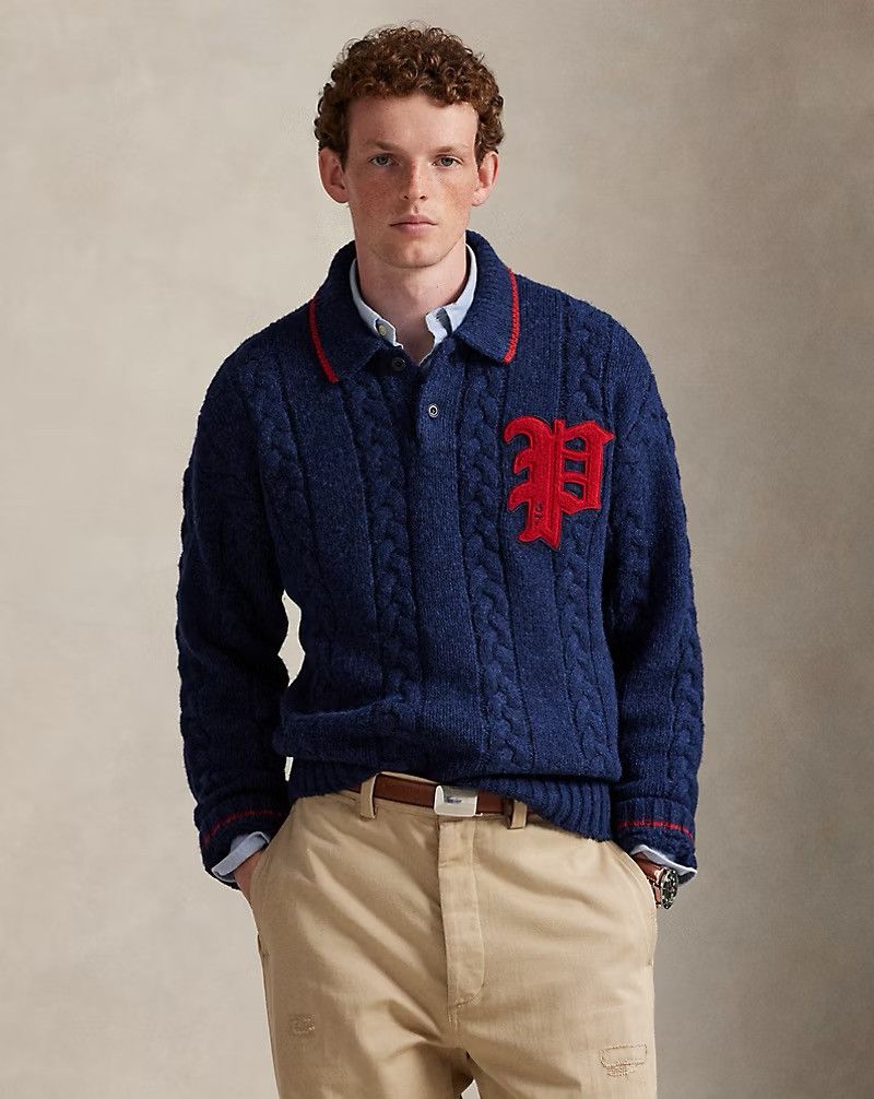 Polo Ralph Lauren Polo Ralph Lauren Cable-Knit Polo-Collar Letter Sweater Navy Size US XL / EU 56 / 4 - 1 Thumbnail