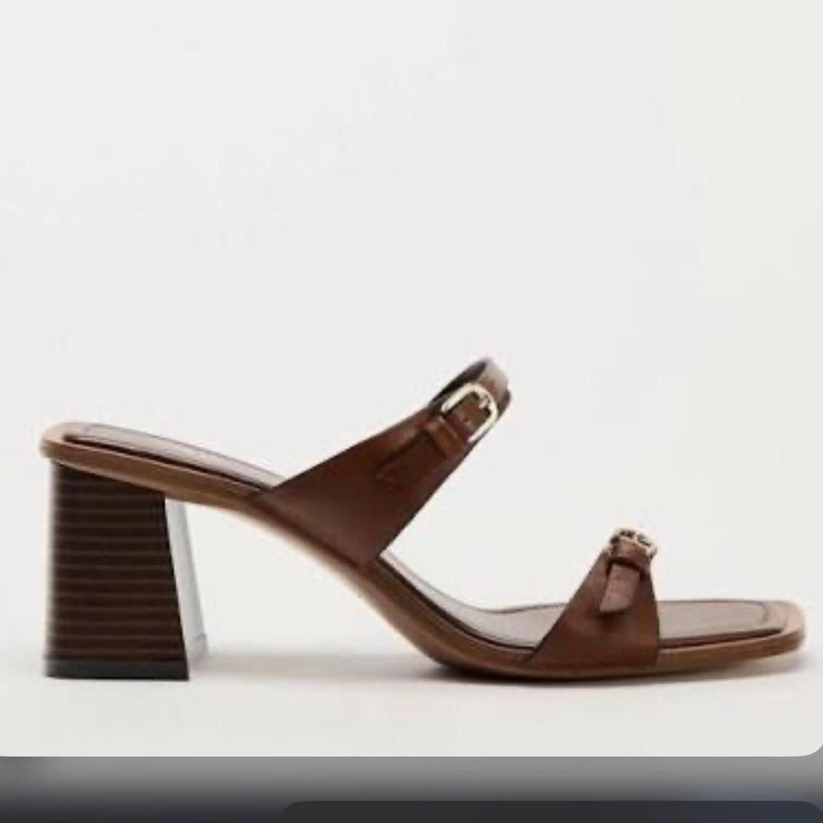 Zara Zara brown leather sandals with gold buckle detail Size US 9 / IT 39 - 1 Thumbnail