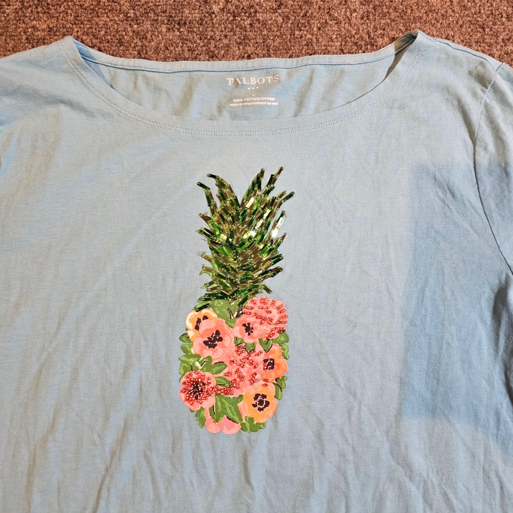 Talbots Talbots Womens Large Blue Pineapple Sequins Round Neck 3/4 Sleeve Casual Sweater Size L / US 10 / IT 46 - 2 Thumbnail