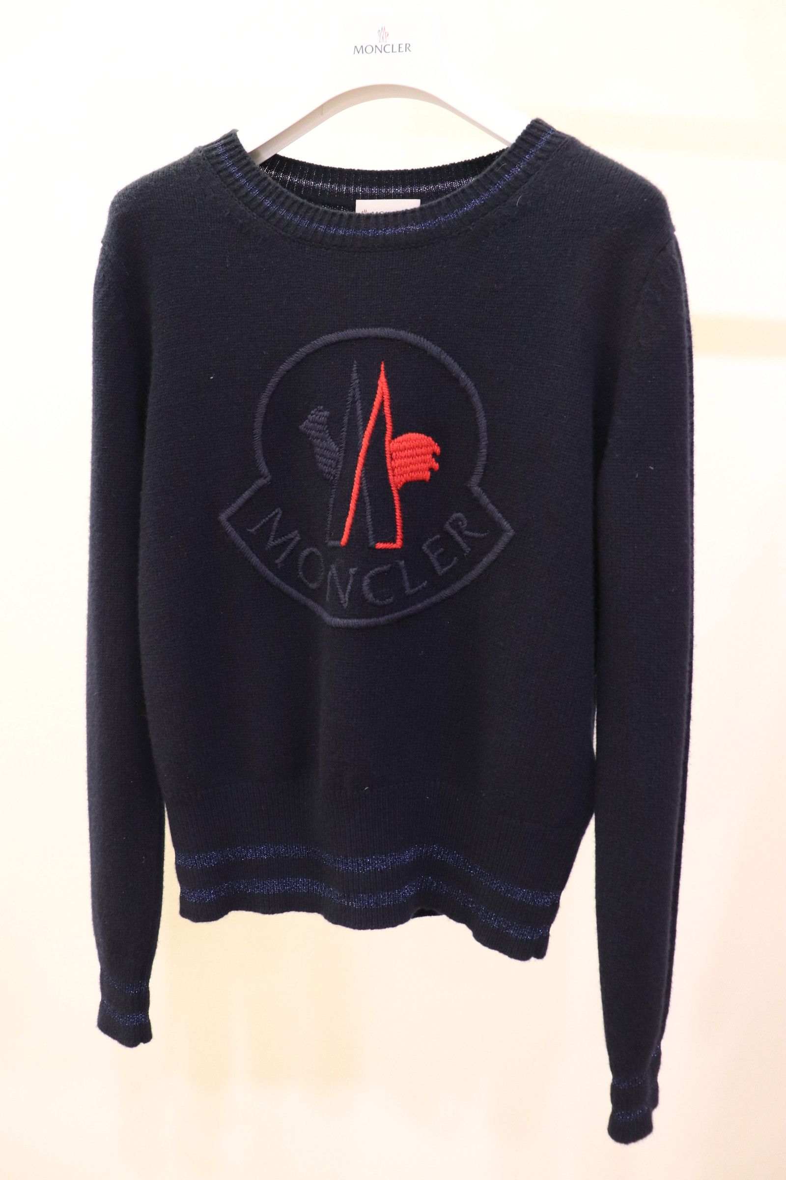 image of Moncler Large Logo Knit Sweater in Navy, Women's (Size Small)