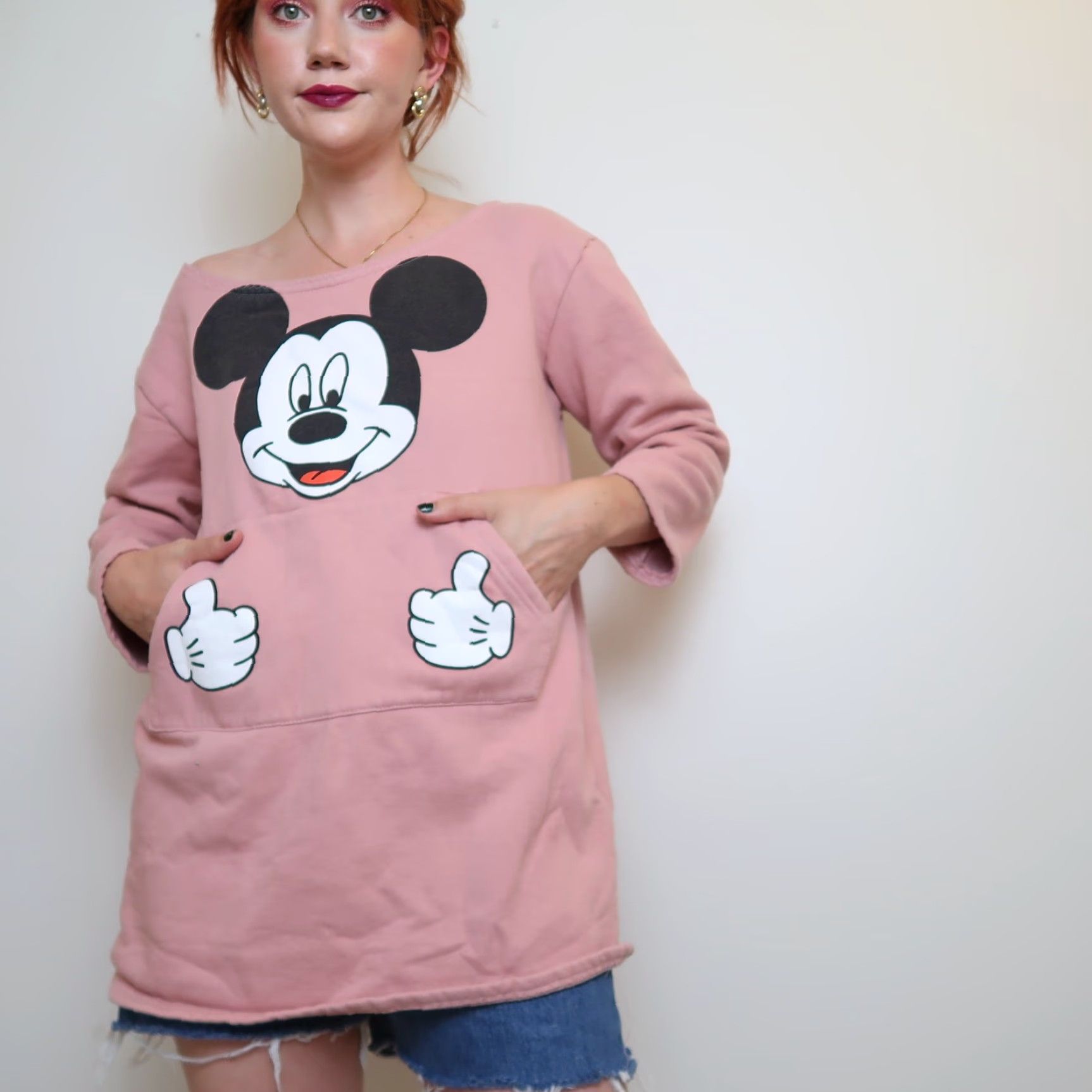 Disney VINTAGE Mickey Mouse pink sweatshirt tunic Women L Pink Sweatshirt Pullover Kangaroo Pocket Disney Buttonless 29" Length Size L / US 10 / IT 46 - 3 Thumbnail