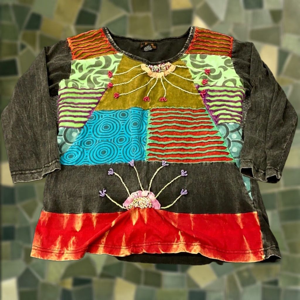 Vintage Rising International Blouse Shirt Womens 3/4 Sleeve Boho Hippie Patchwork Gray Medium Adult M Size M / US 6-8 / IT 42-44 - 1 Thumbnail