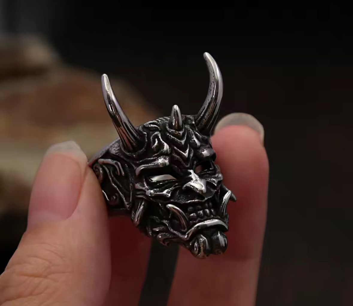 Japanese Brand Rare Retro Domineering Skull Stainless Steel Mask Ring 8 Size ONE SIZE - 2 Thumbnail