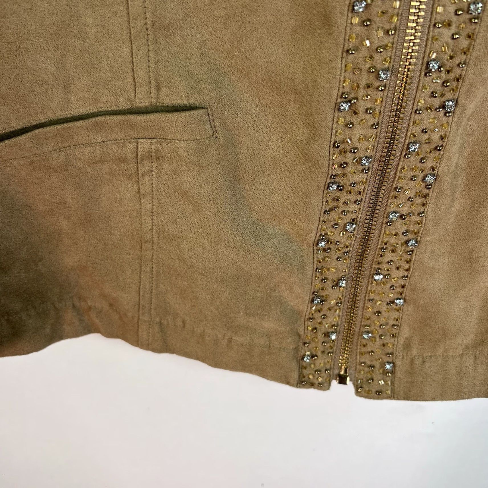 Vintage Draper's & Damon's Tan Vegan Suede Zip Up Embellished Diamond Casual Jacket PM - Women - Blazer - Military - Brown - Petites - Size PM Size M / US 6-8 / IT 42-44 - 4 Thumbnail