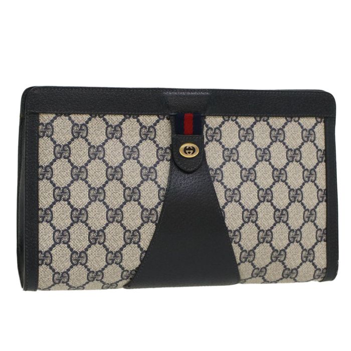 Gucci GUCCI GG Canvas Sherry Line Clutch Bag Gray Red Navy 156.01.033 ...