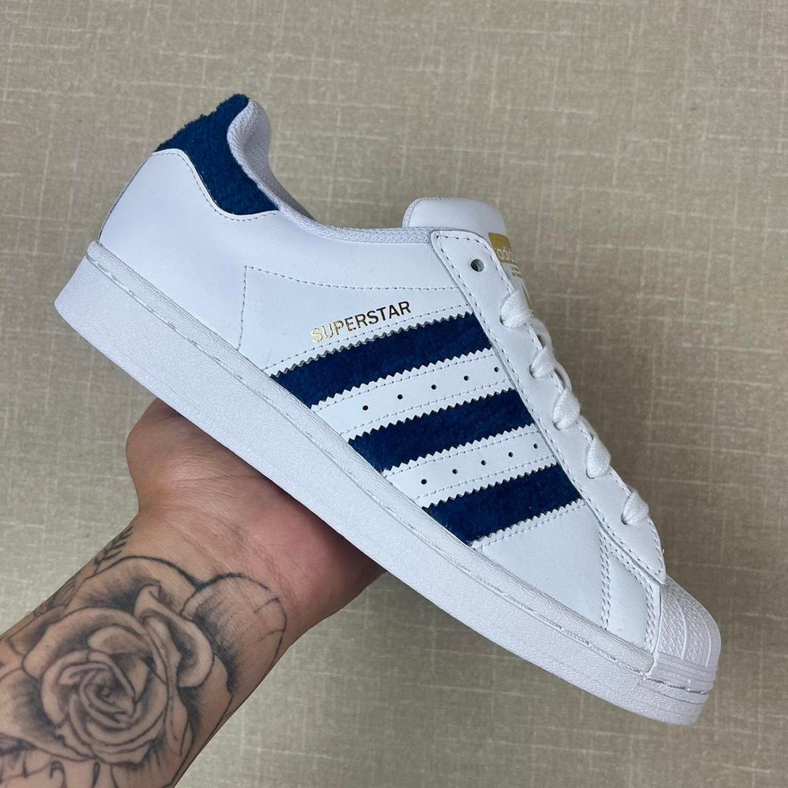 image of Adidas Superstar “Blue Fuzzy Stripes” Shoes, Men's (Size 7.5)