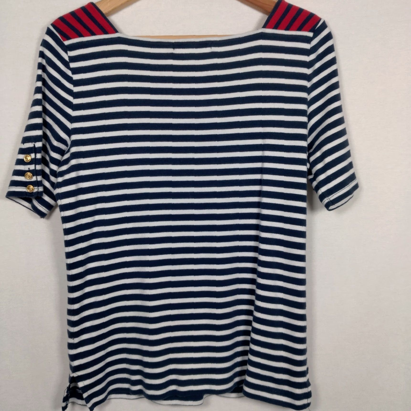 Ralph Lauren VINTAGE Lauren Ralph Lauren Shirt Women L Nautical Striped Cotton Short Sleeve Casual Blue White Gold Buttons Size L / US 10 / IT 46 - 3 Thumbnail