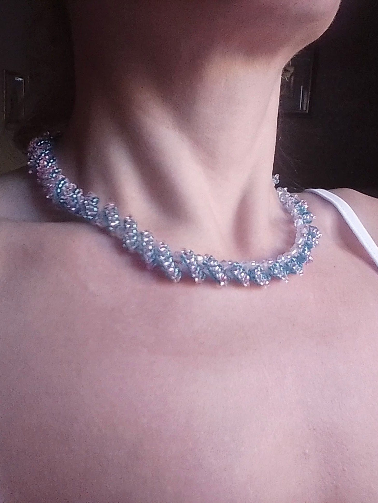Handmade Necklace Crystal Elegant Stripes of Pink Turquoise Glass Size ONE SIZE - 1 Thumbnail