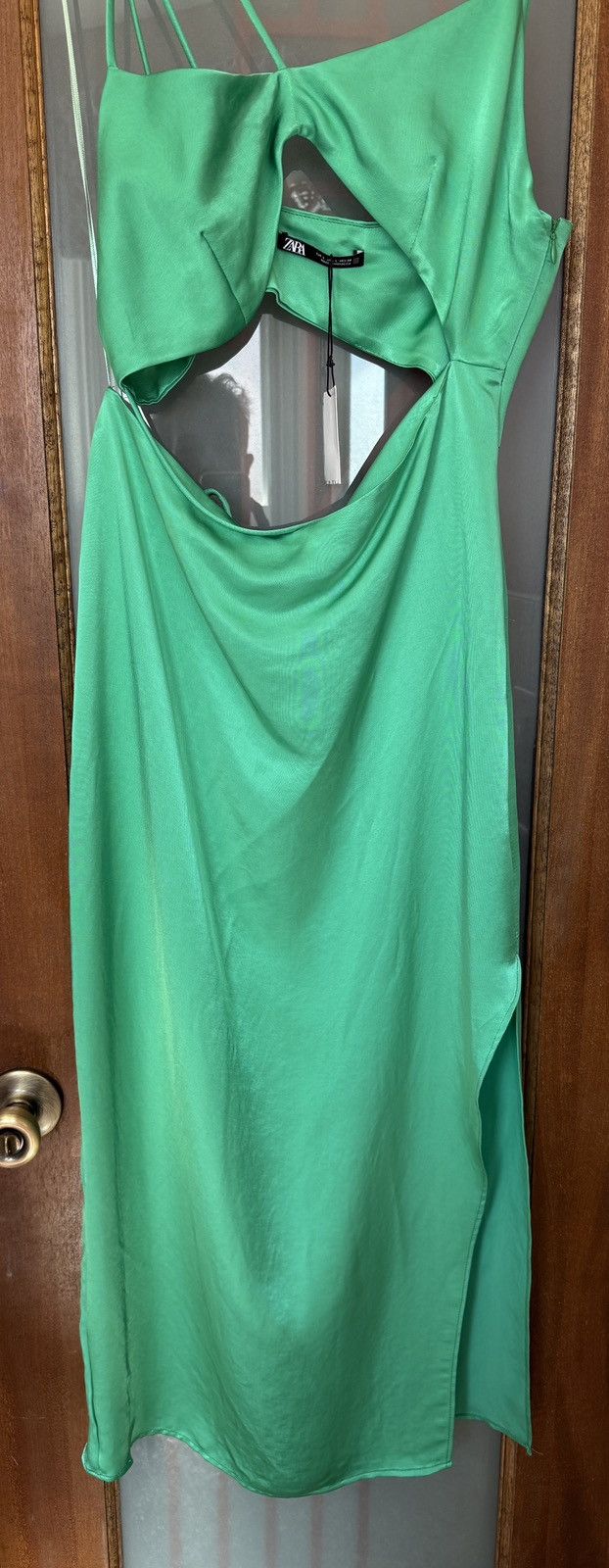 Zara Zara Asymmetrical Green Satin Strappy Side Slit Midi Dress Size L / US 10 / IT 46 - 6 Thumbnail