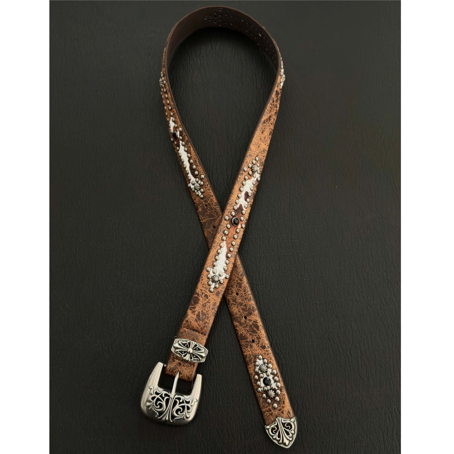 Jewelry Vintage Handmade Distressed Metal Carved Leather Belt Size ONE SIZE - 5 Thumbnail