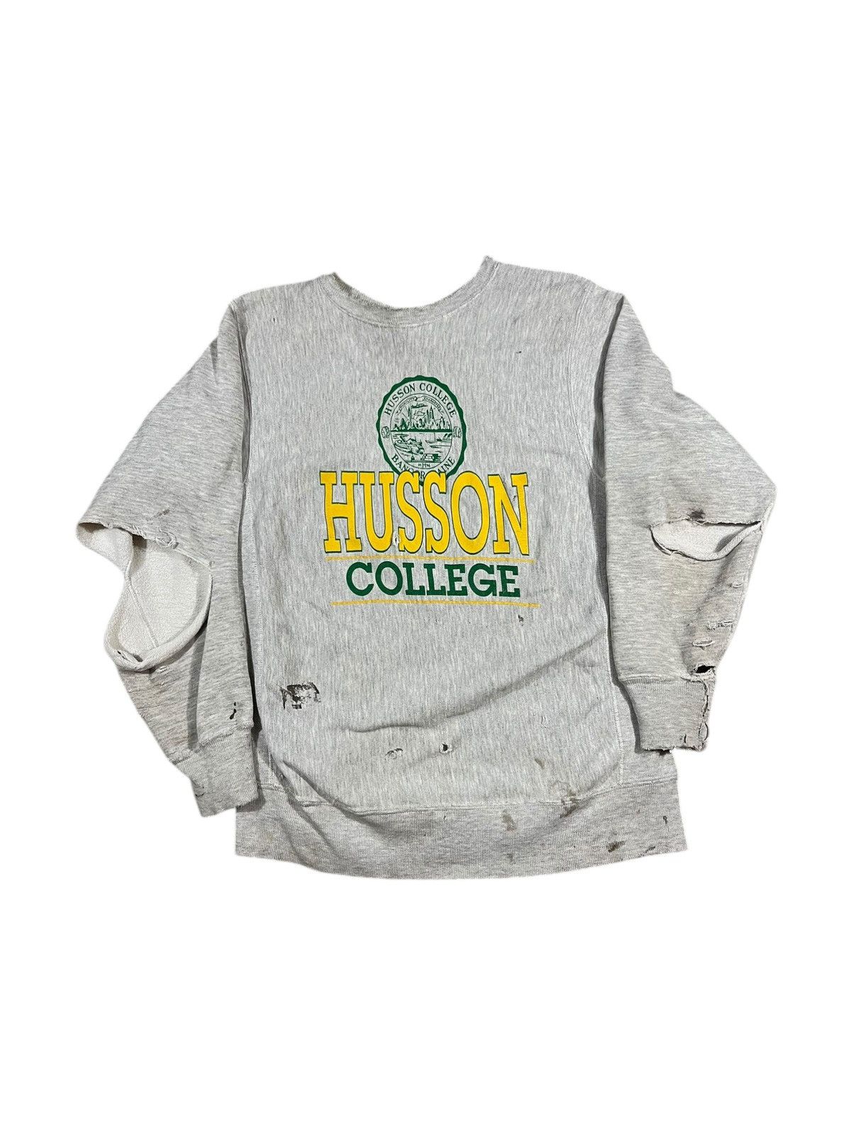 Vintage Vintage 90s Husson College Thrashed Crewneck Sweatshirt Gray Size US L / EU 52-54 / 3 - 1 Thumbnail