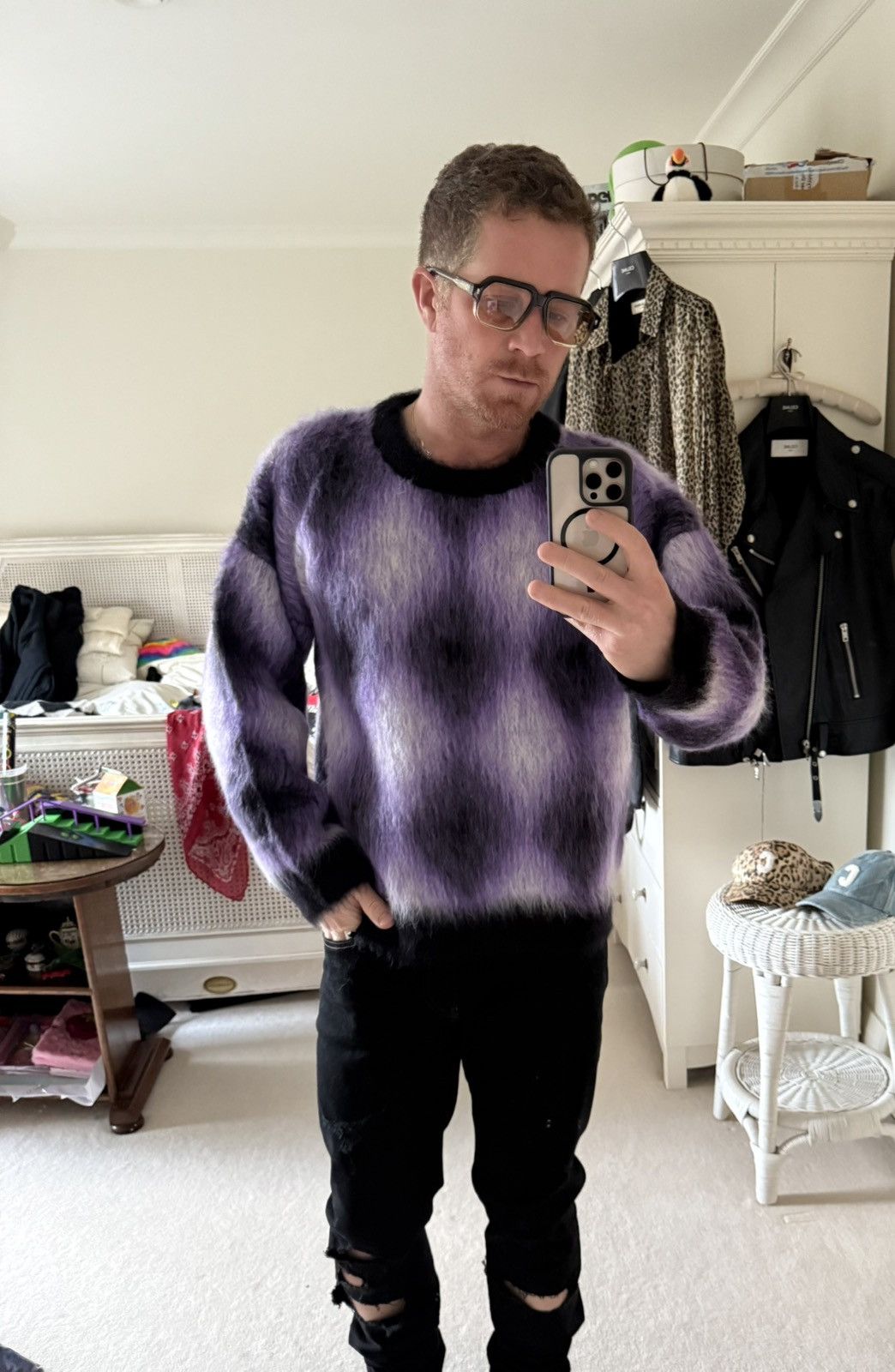Celine $1.4k FW22 Celine argyle mohair blend fuzzy sweater L Hedi Size US L / EU 52-54 / 3 - 8 Thumbnail