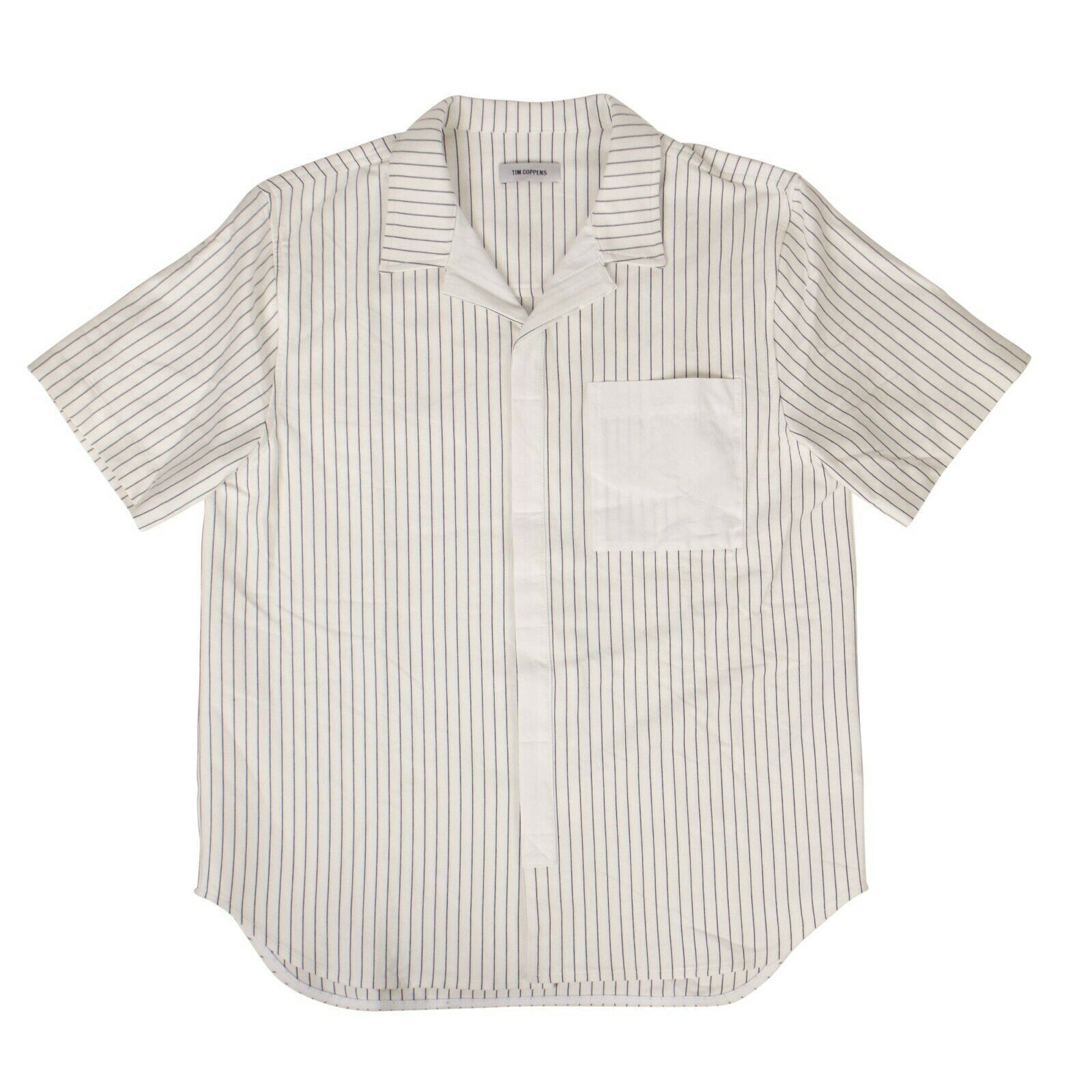 image of Tim Coppens White Cotton Ecru Stripe Bowling Shirt Size M, Men's