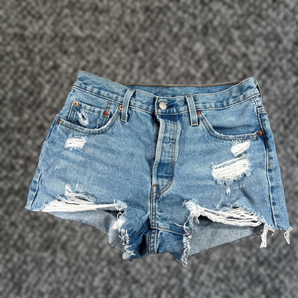 Levi's Levi's 501 Women's Blue Distressed Denim Cut Off Frayed Shorts Button-Fly W29 Size 29" - 1 Thumbnail