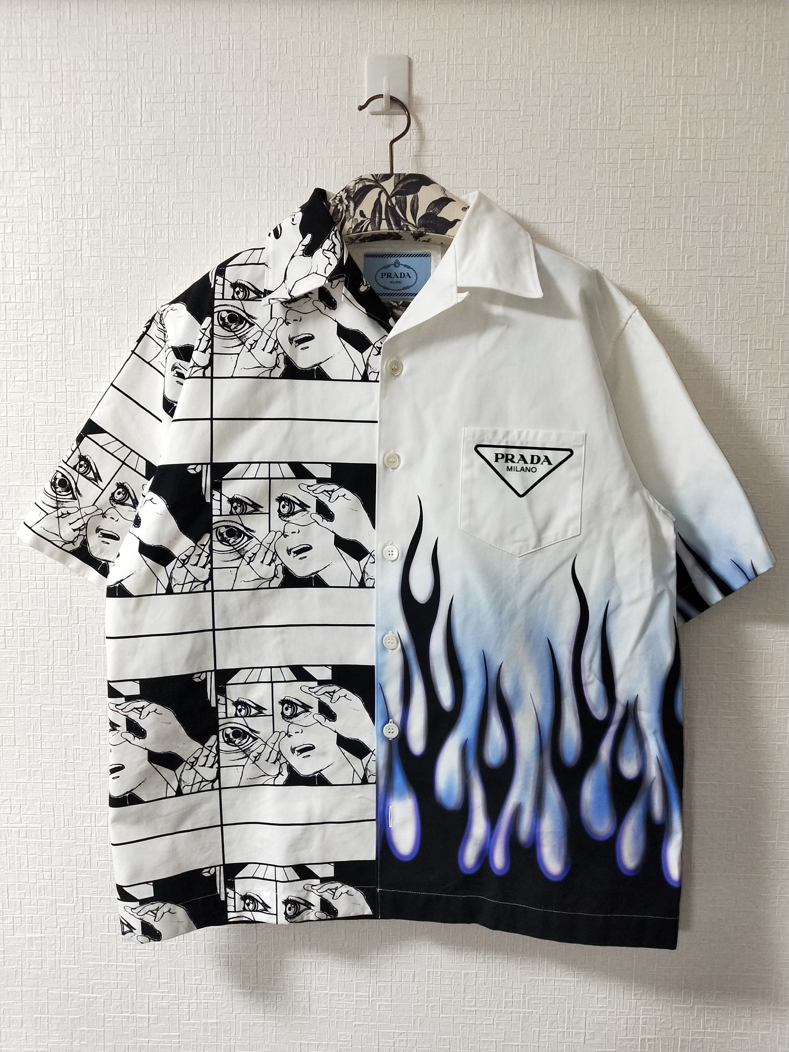 Prada Double Match White / Blue Flames Silk Bowling Shirt