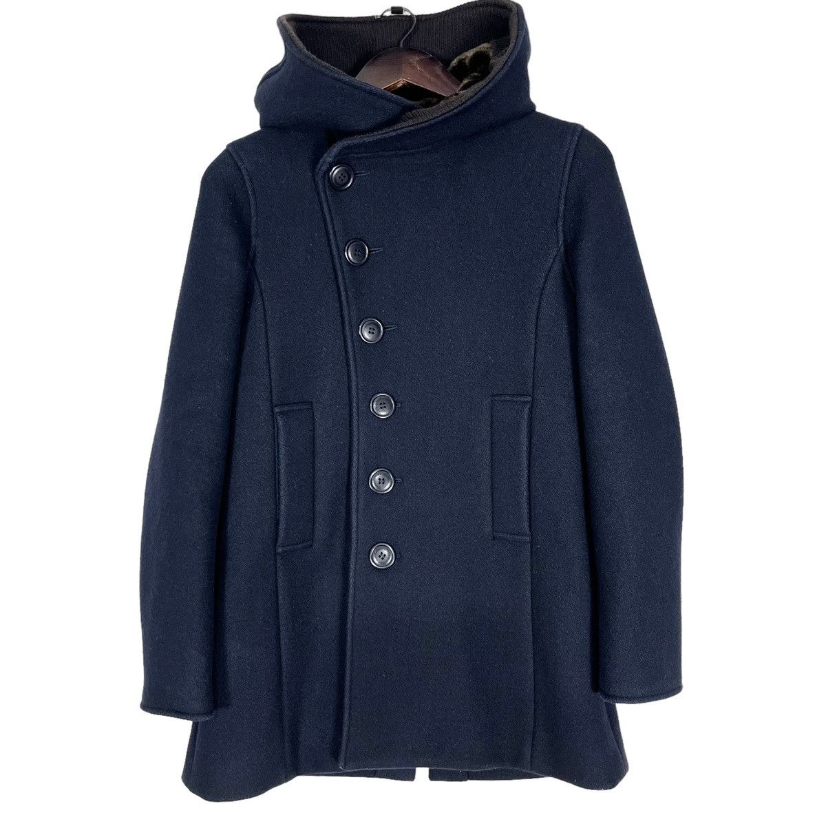 image of By Issey Miyake Furs Hoodie Women Duffle Coat in Navy (Size Small)