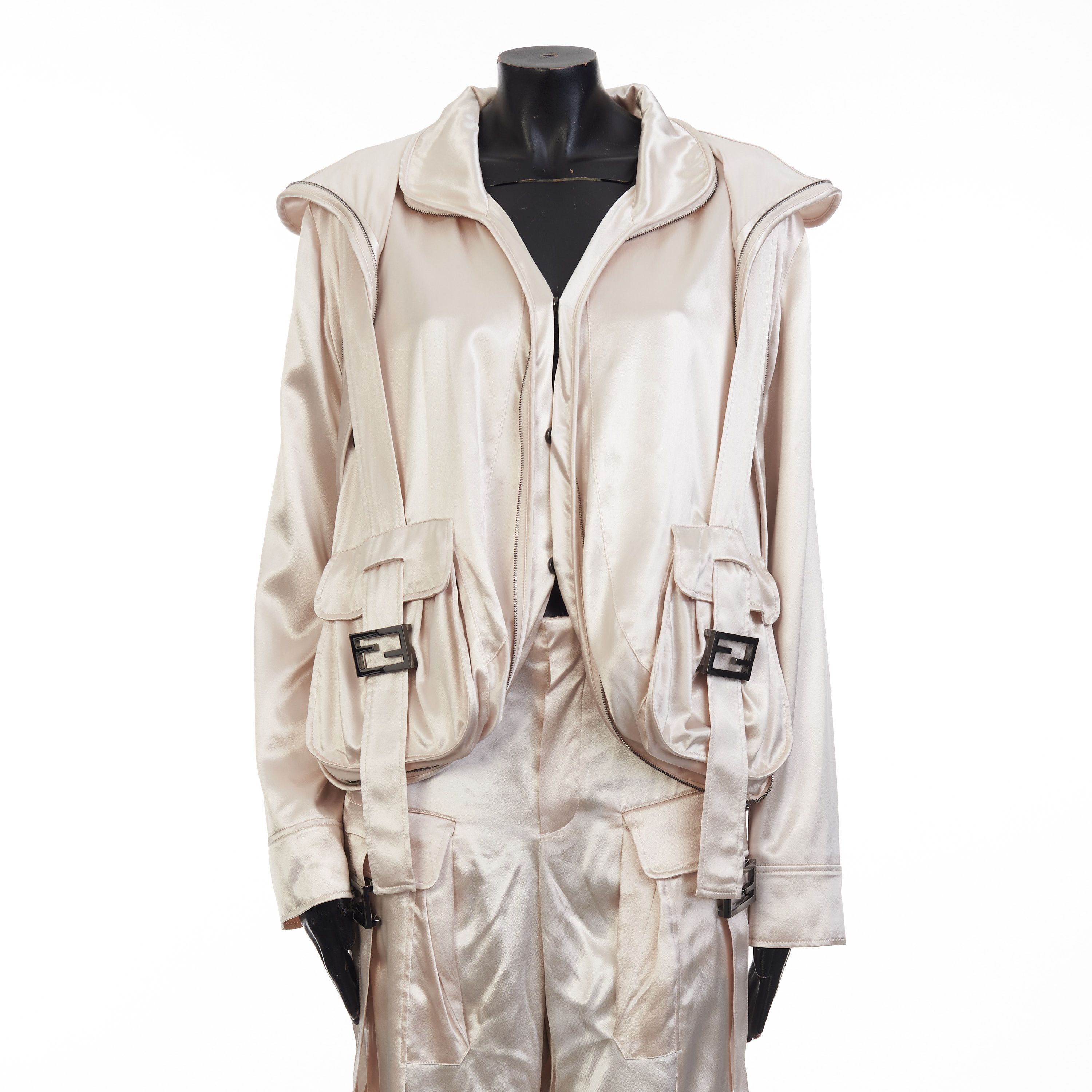 Fendi Beige Satin Blouson Jacket - Snap Closure, Metal FF Buckle Size M / US 6-8 / IT 42-44 - 1 Thumbnail