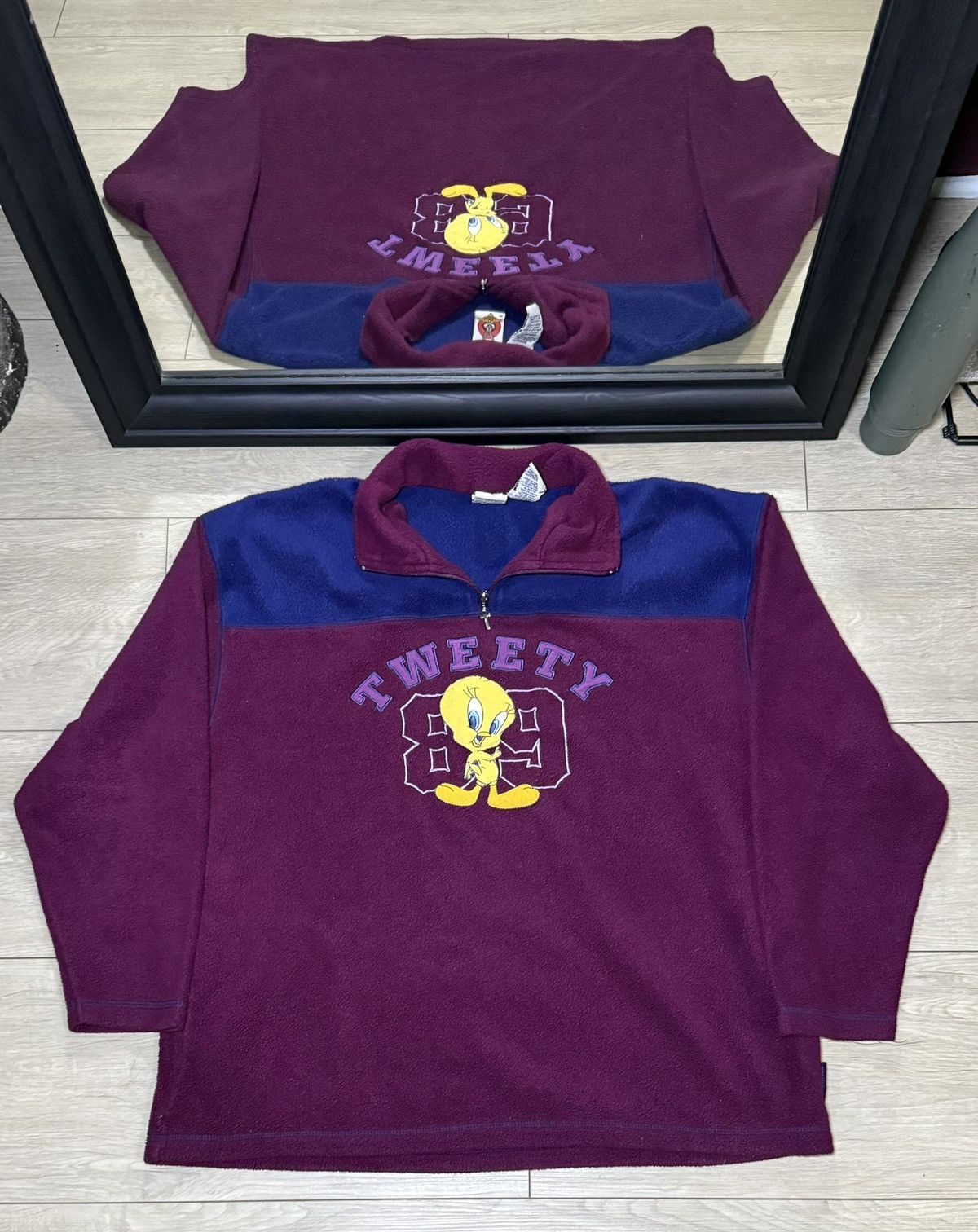 Y2K 2000s Looney Tunes Tweety Bird Quarter Zip Embroidered