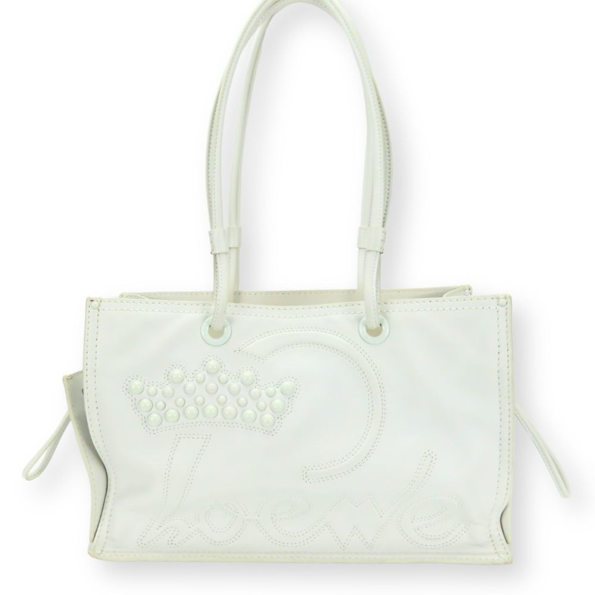 Loewe Tote Bag Crown Stitch Leather Plastic White Studs Shopper Women's