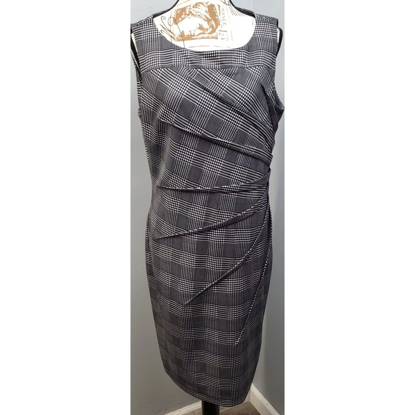Calvin Klein Calvin Klein Starburst Sheath Dress Womens 14 White Black Houndstooth Back Zip Size XL / US 12-14 / IT 48-50 - 2 Thumbnail