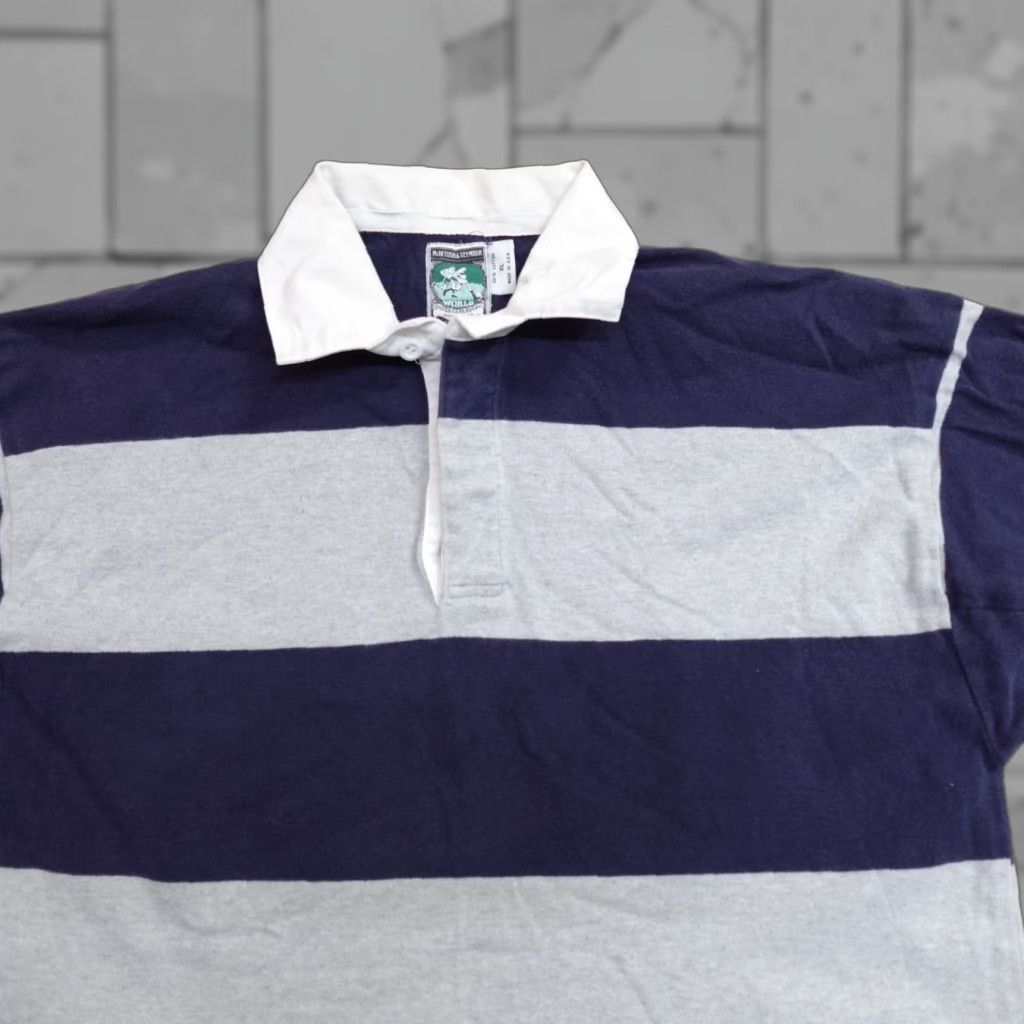 Vintage VINTAGE McIntosh & Seymour Rugby Shirt L Blue White Striped Knit Cotton Collared Button Embroidered Men Size US L / EU 52-54 / 3 - 1 Thumbnail