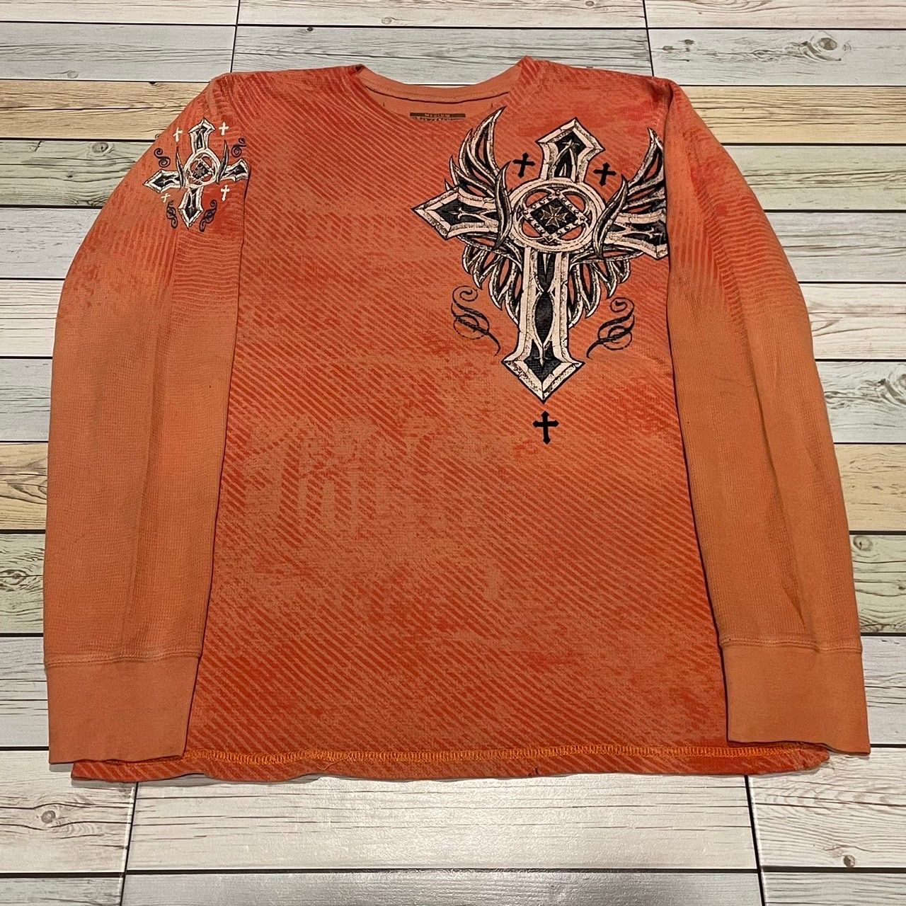 Pre-owned Affliction X Ed Hardy Wings Cross Thermal Longsleeve Y2k Affliction Style In Orange