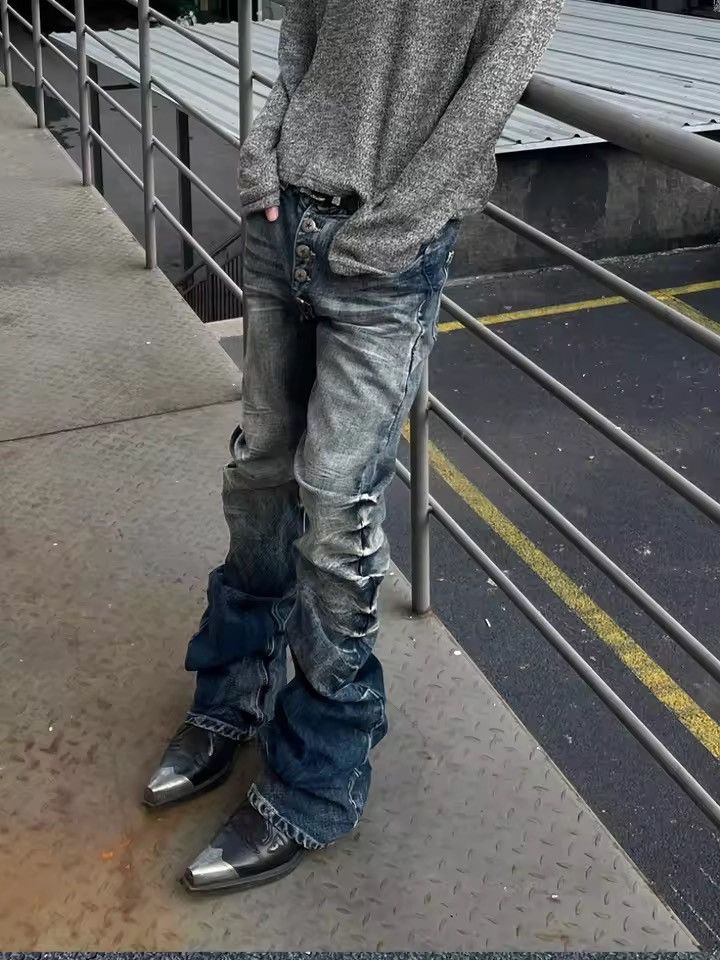 Jean Distressed Denim Flared Jeans with Button Detail | Unique Size US 34 / EU 50 - 1 Thumbnail