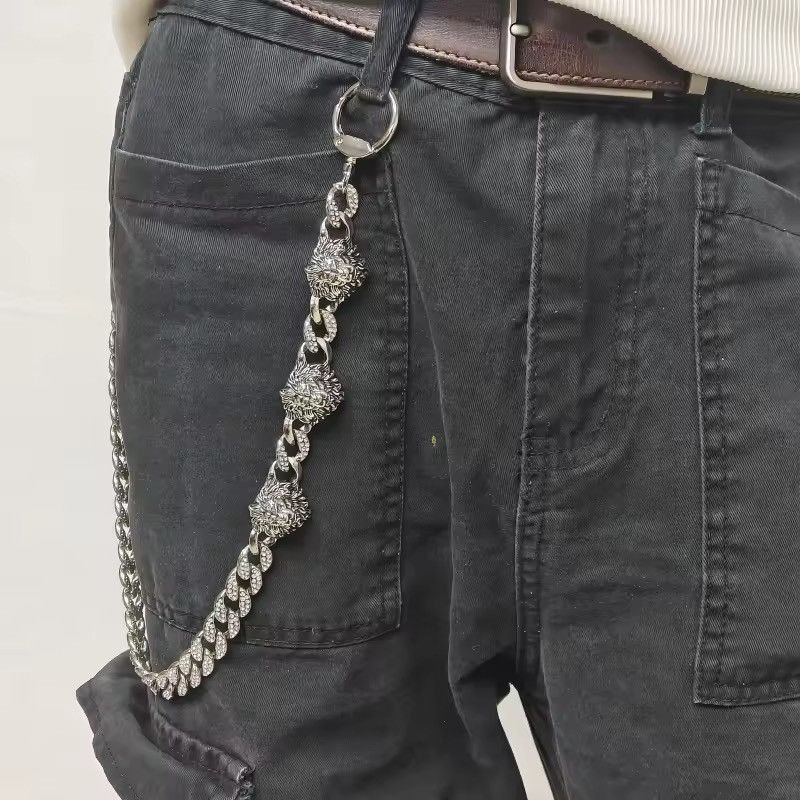 Jewelry Silver Lion Head Rhinestone Cuban Pants Chain Size ONE SIZE - 2 Thumbnail