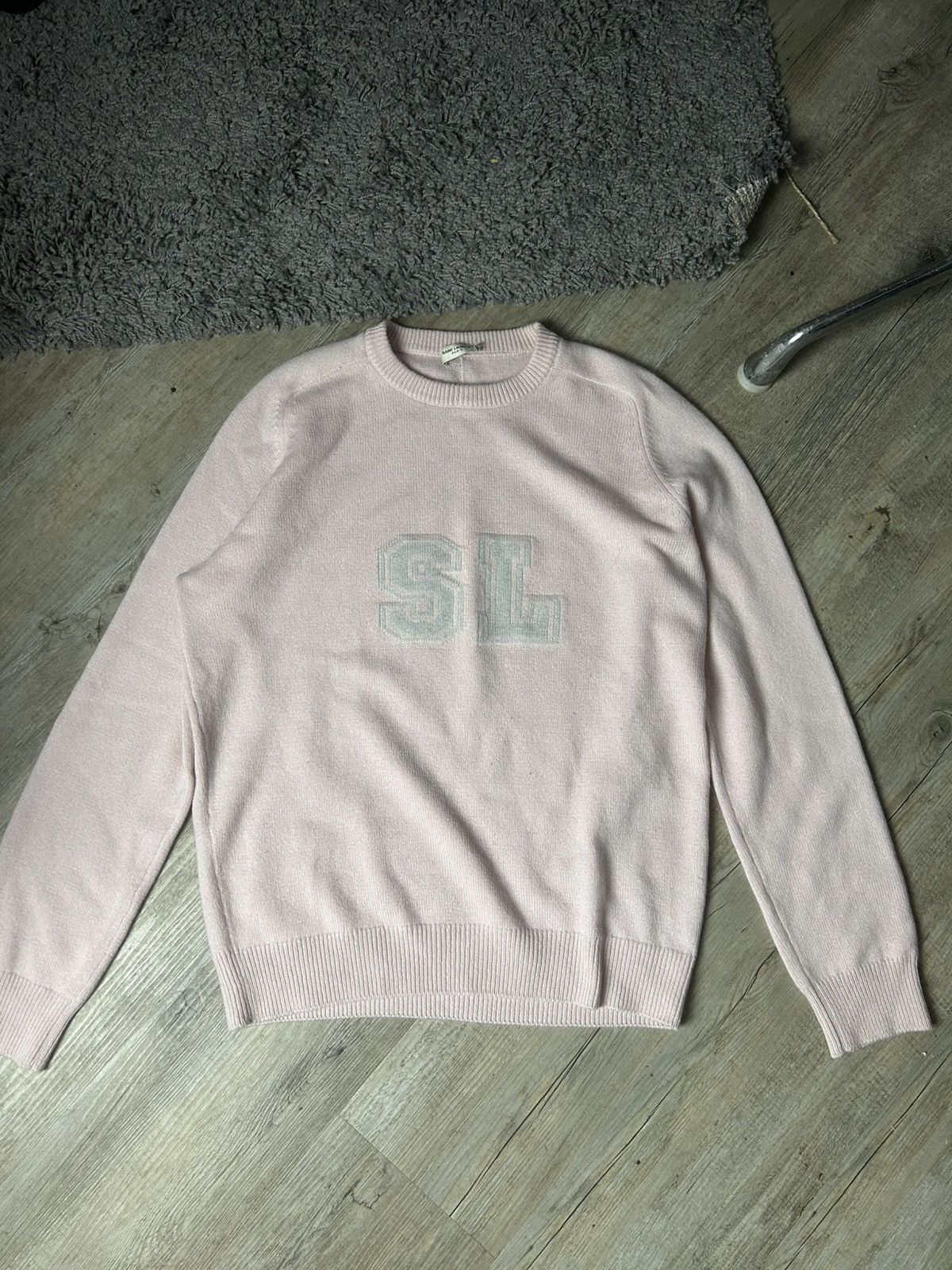 Saint Laurent Paris STEAL Rose pink/white ‘SL’ Cashmere Knit Sweater Size US XL / EU 56 / 4 - 1 Thumbnail