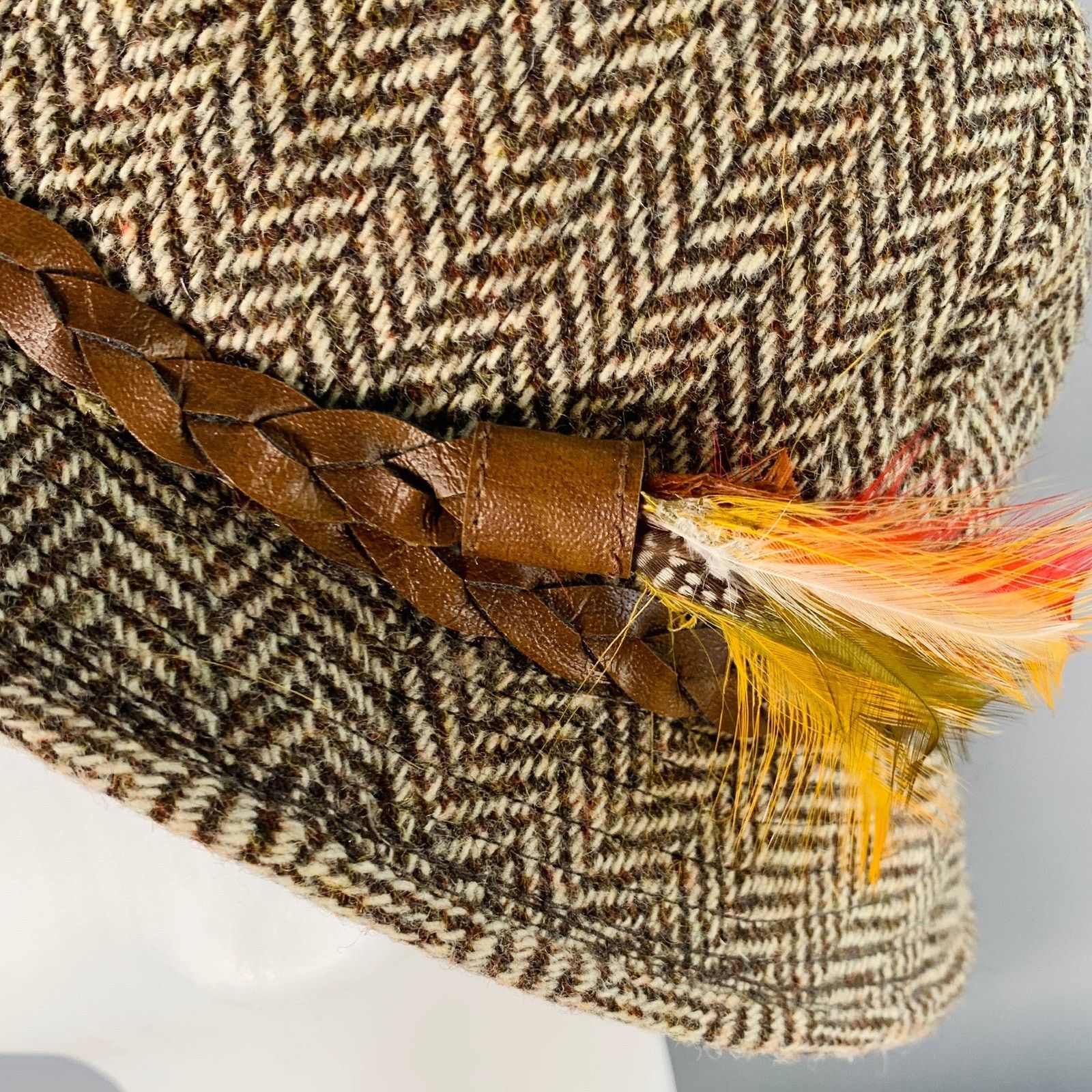 Other Brown Beige Herringbone Braided Leather Trim Fabric Hat Size ONE SIZE - 5 Thumbnail
