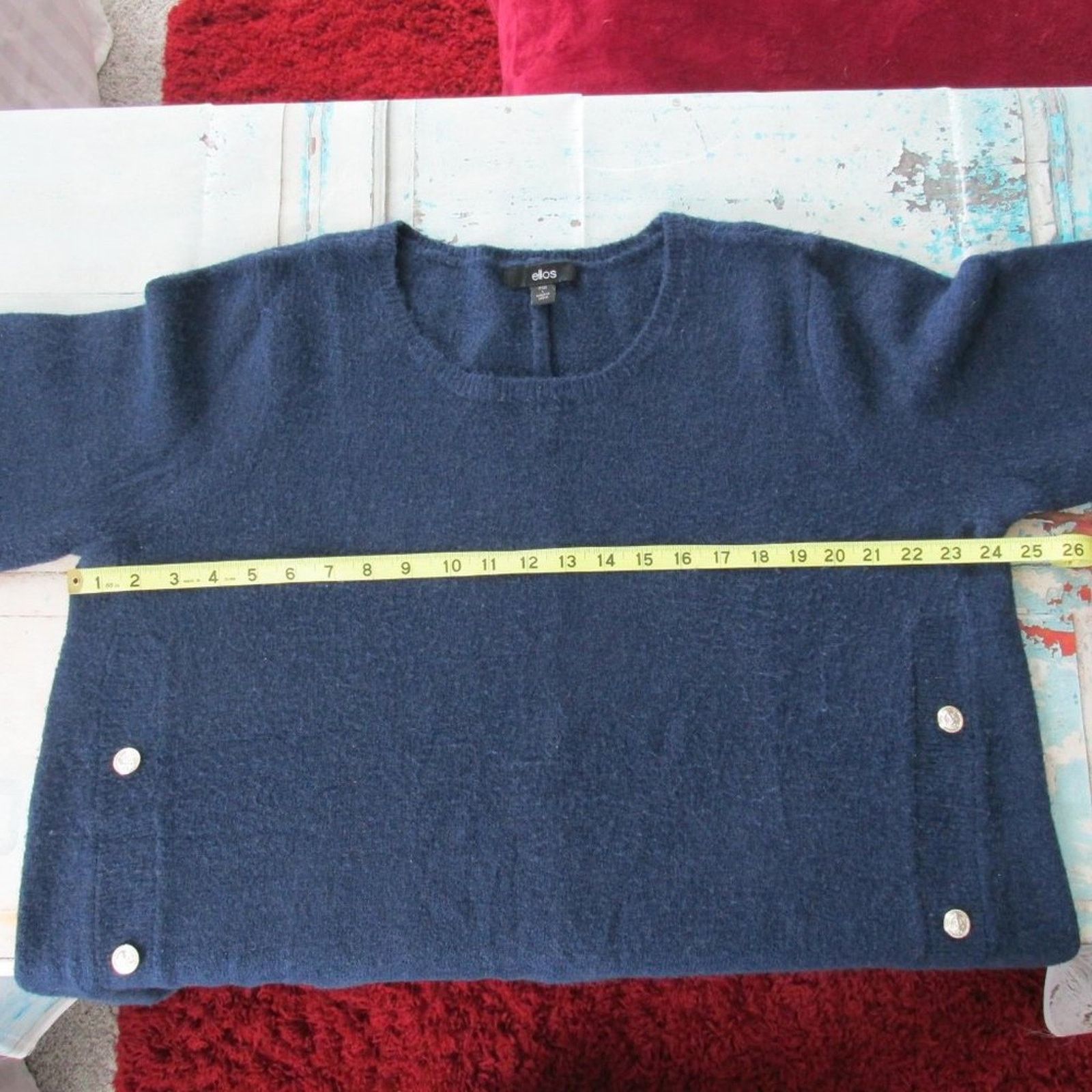 Other Ellos Navy Blue Button Pullover Stretchy Long Sleeve Sweater Size L / US 10 / IT 46 - 2 Thumbnail
