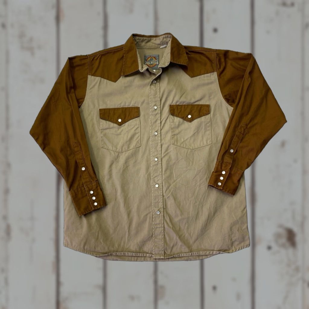 Vintage Cowboy Work Wear Shirt Mens M/L Tan Cotton Pearl Snap Western Workwear Snap Front Button-Up Size US M / EU 48-50 / 2 - 1 Thumbnail