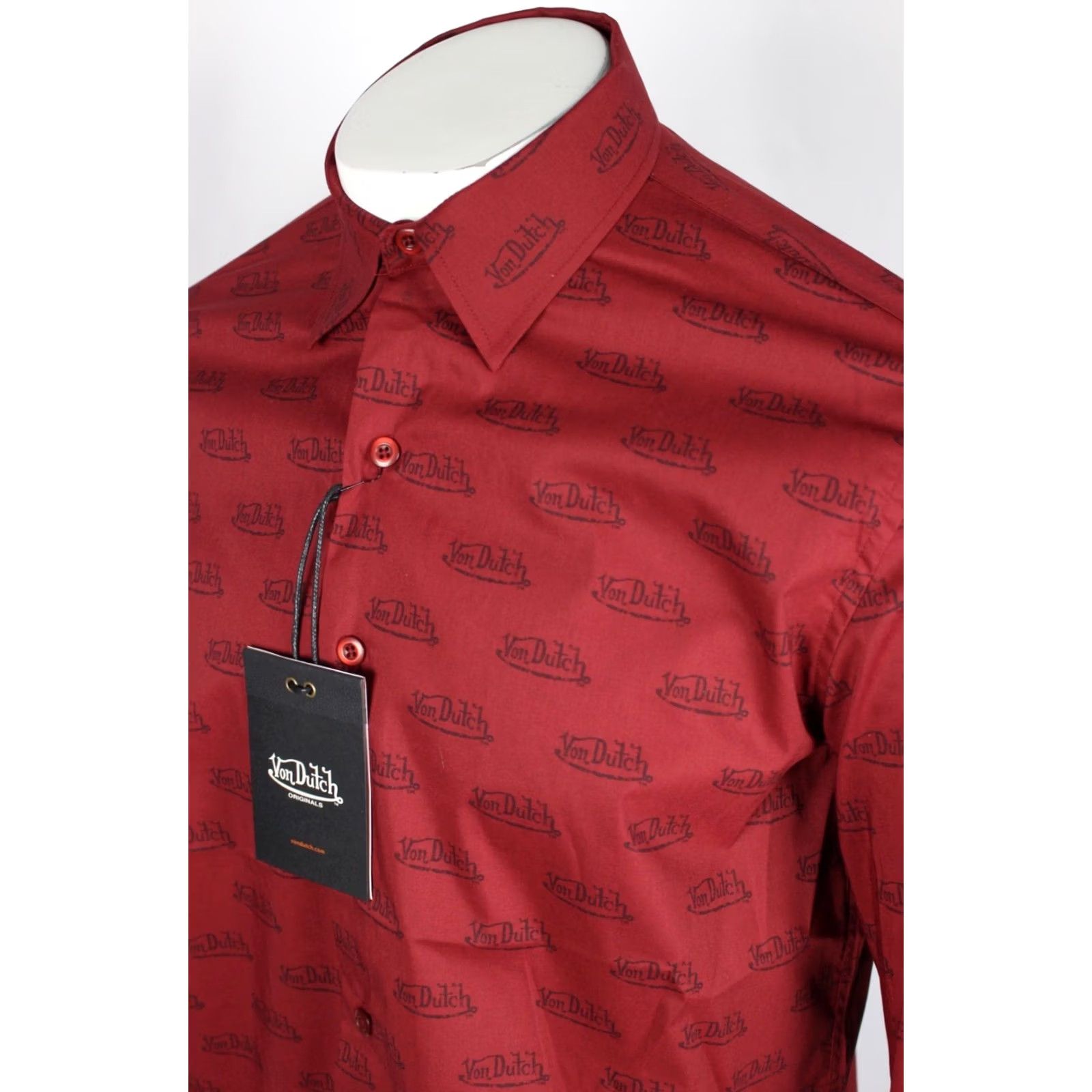 Von Dutch VINTAGE Von Dutch Men's Originals All Over Print Button Shirt Long Sleeve M Wine Red Size US M / EU 48-50 / 2 - 4 Thumbnail
