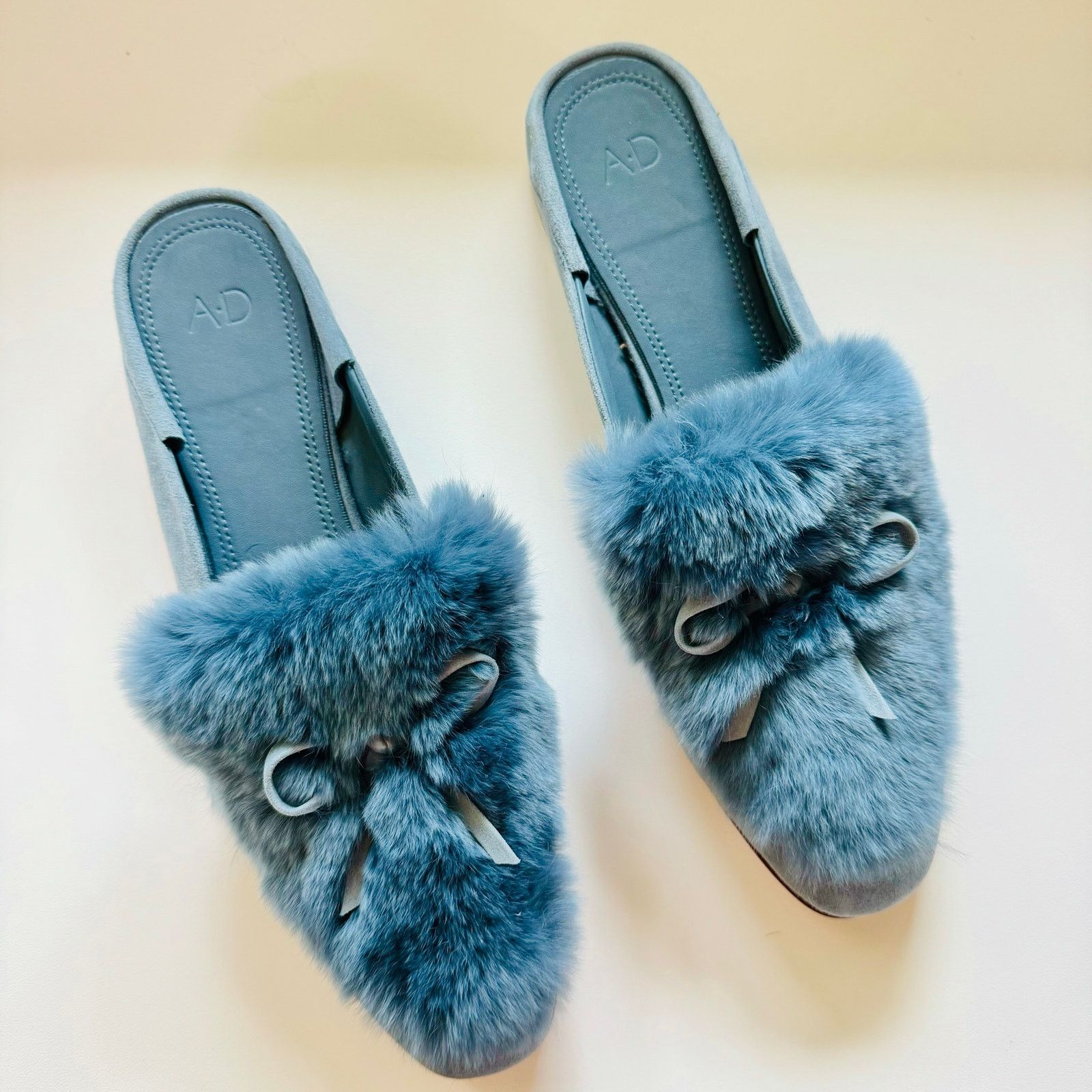 AD Blue Grey Rabbit Fur Flats Toe Bow Slides Mules Shoes 7.5