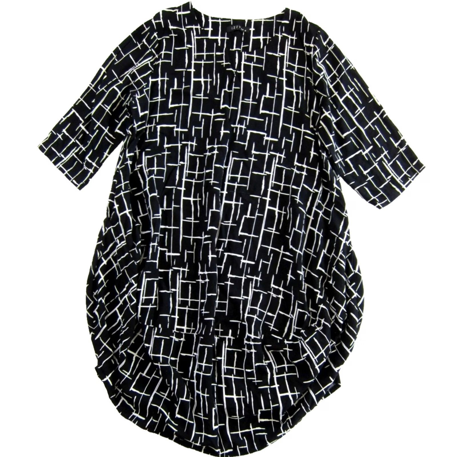 Vintage IZZY Style Black White Geometrical 3/4 Sleeve Pocket Tunic Smock Midi Dress M Size M / US 6-8 / IT 42-44 - 2 Thumbnail
